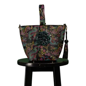 DESTI SAINT | Noora Bucket Crossbody | Dragon Print Leather w Black Jade Stone Ingot