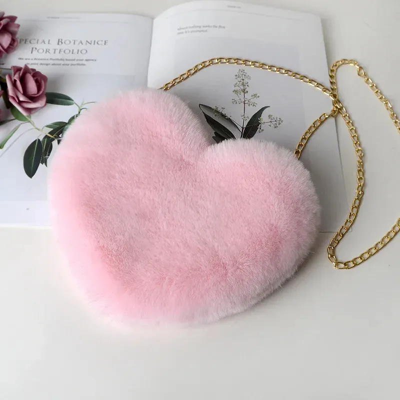 Fashion Women Heart Shaped Handbags Cute Kawaii Faux Fur Crossbody Bags Wallet Purse Plush Chain Shoulder Bag Lady Handbag