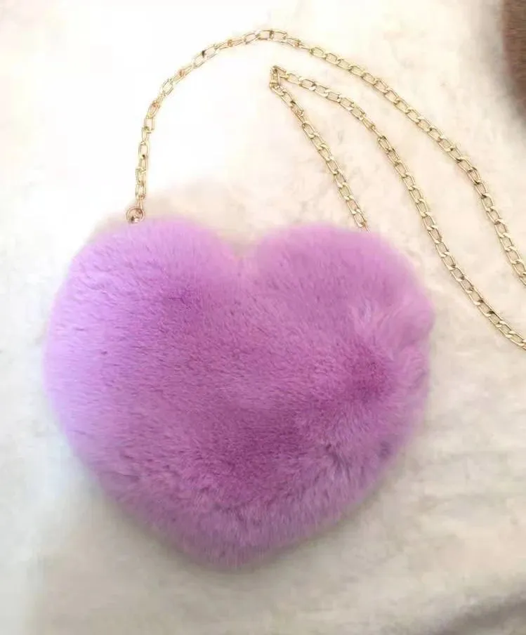 Fashion Women Heart Shaped Handbags Cute Kawaii Faux Fur Crossbody Bags Wallet Purse Plush Chain Shoulder Bag Lady Handbag