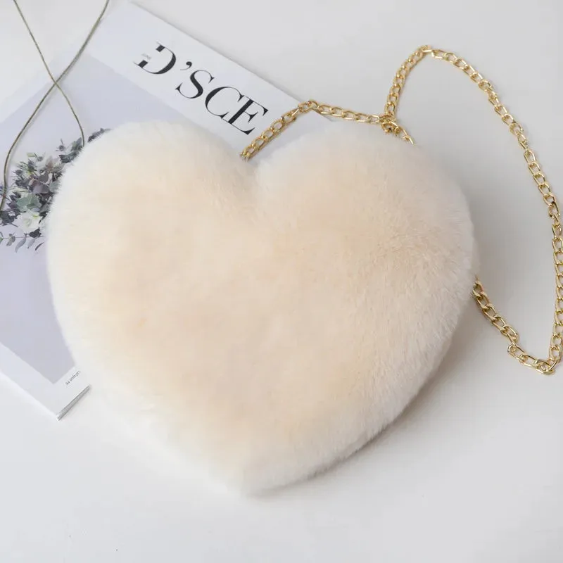 Fashion Women Heart Shaped Handbags Cute Kawaii Faux Fur Crossbody Bags Wallet Purse Plush Chain Shoulder Bag Lady Handbag