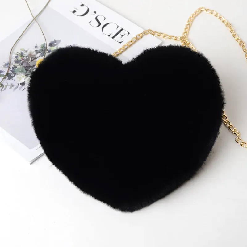Fashion Women Heart Shaped Handbags Cute Kawaii Faux Fur Crossbody Bags Wallet Purse Plush Chain Shoulder Bag Lady Handbag