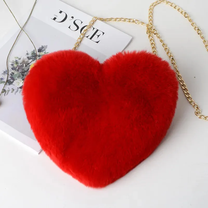 Fashion Women Heart Shaped Handbags Cute Kawaii Faux Fur Crossbody Bags Wallet Purse Plush Chain Shoulder Bag Lady Handbag