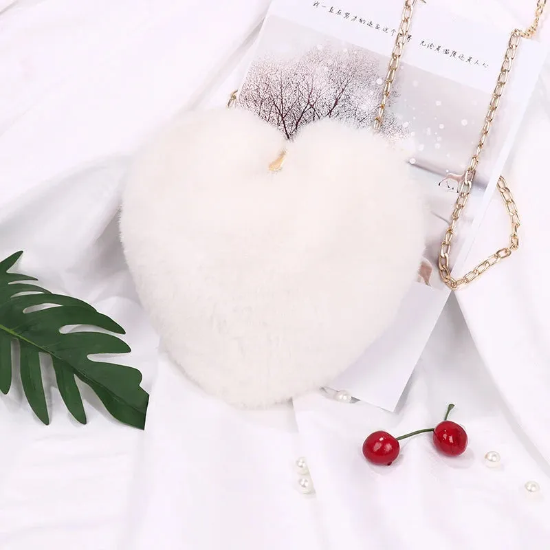 Fashion Women Heart Shaped Handbags Cute Kawaii Faux Fur Crossbody Bags Wallet Purse Plush Chain Shoulder Bag Lady Handbag