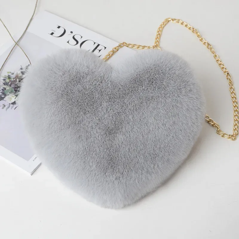 Fashion Women Heart Shaped Handbags Cute Kawaii Faux Fur Crossbody Bags Wallet Purse Plush Chain Shoulder Bag Lady Handbag