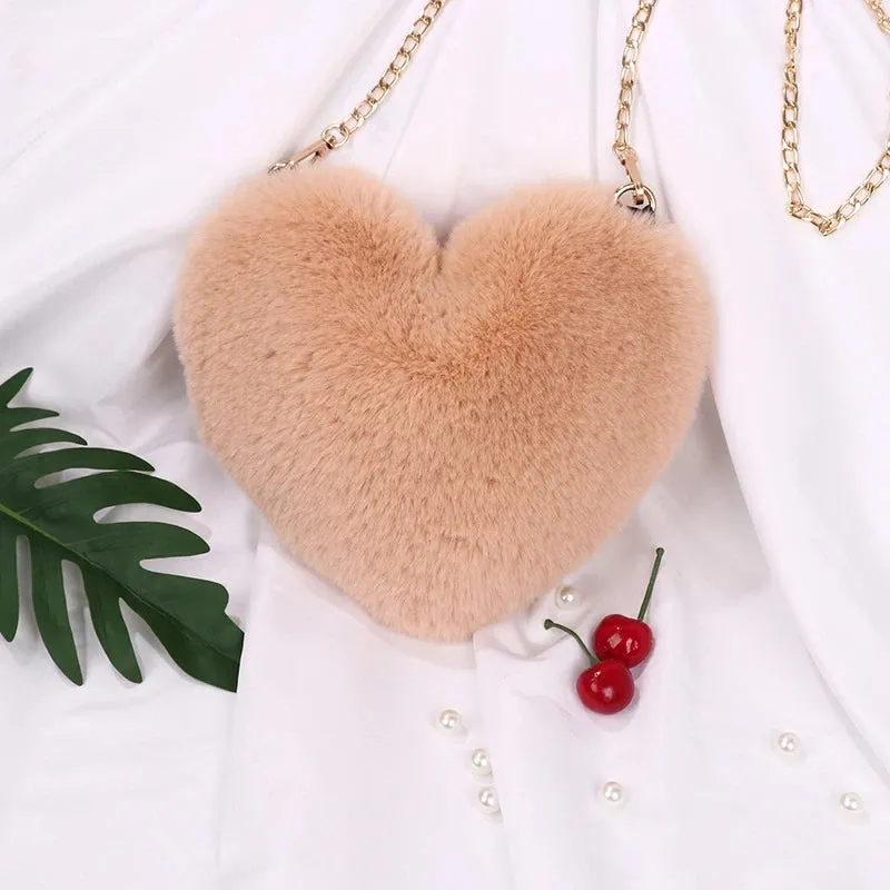 Fashion Women Heart Shaped Handbags Cute Kawaii Faux Fur Crossbody Bags Wallet Purse Plush Chain Shoulder Bag Lady Handbag