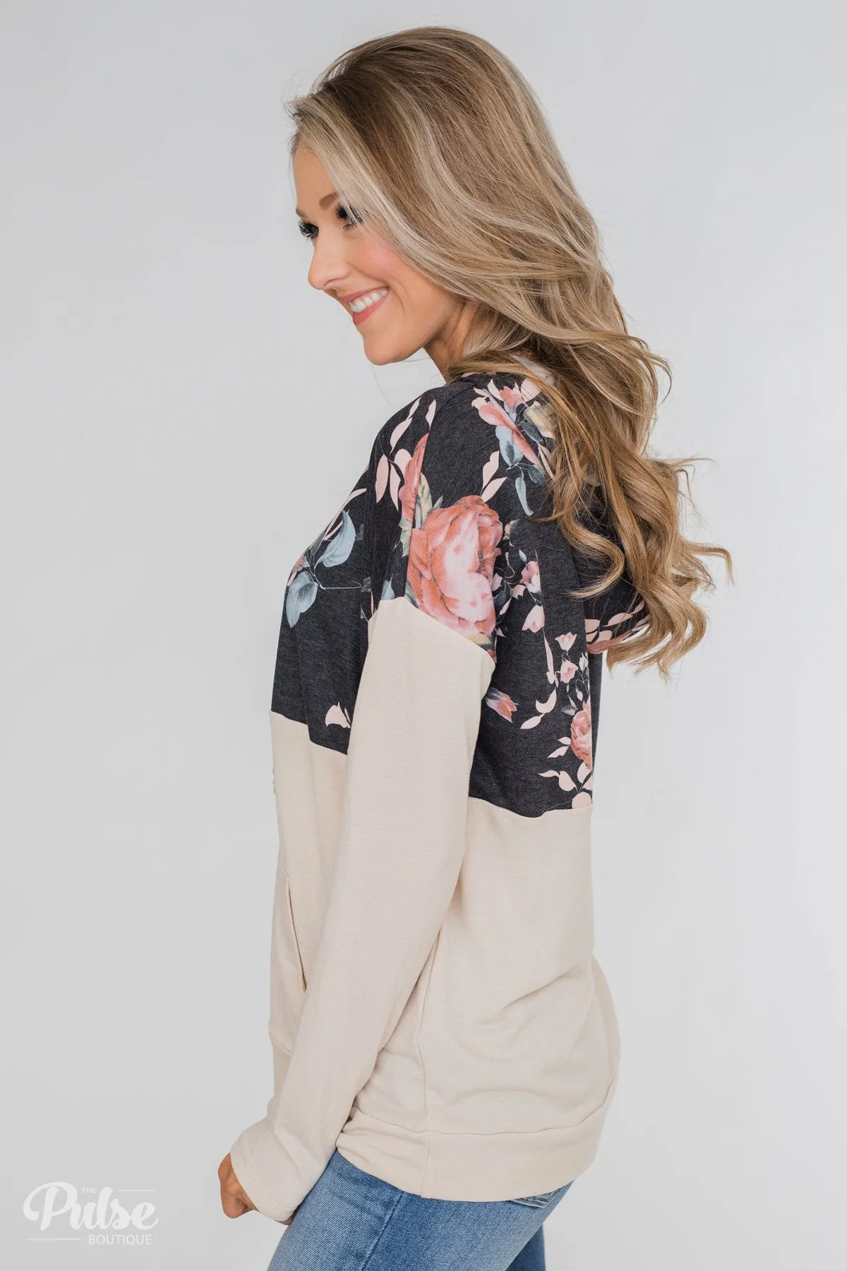 Floral Drawstring Hoodie - Charcoal & Cream