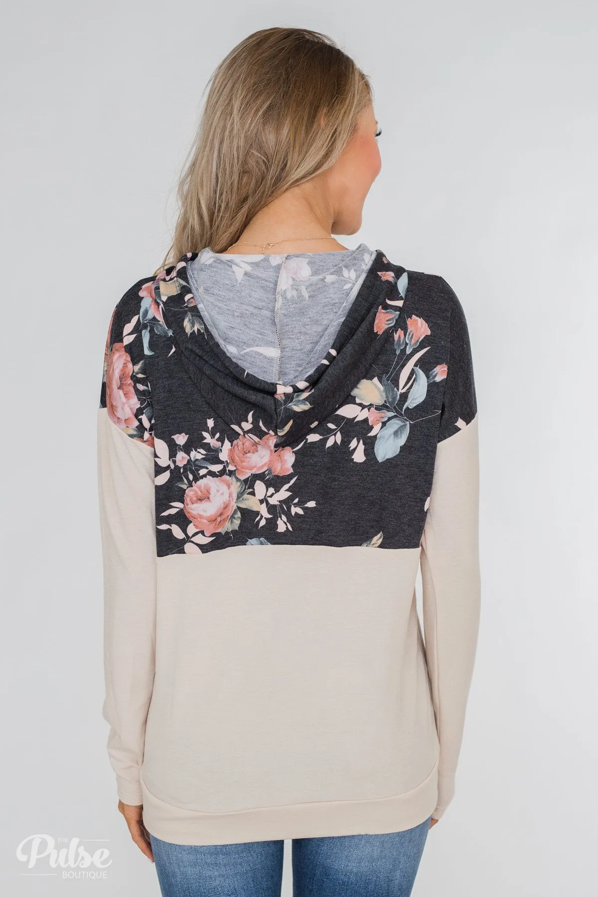 Floral Drawstring Hoodie - Charcoal & Cream