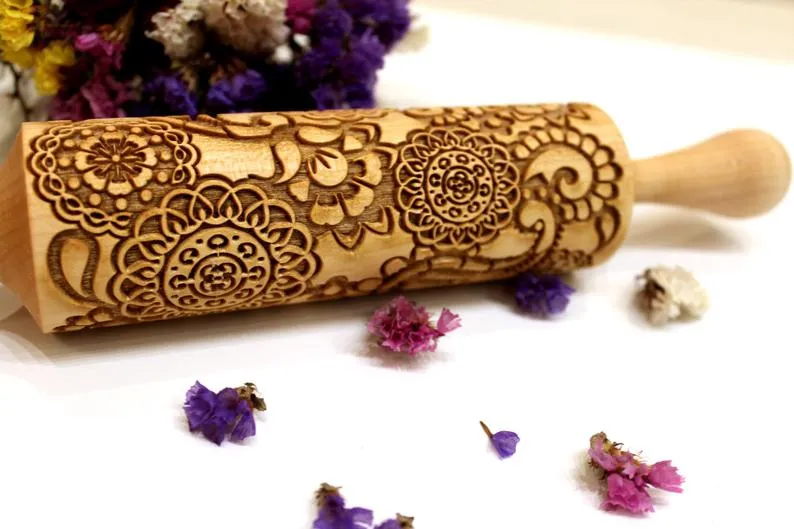 FLOWERS FLORAL PAISLEY Embossed Rolling Pin,Clay Stamp,Textured Cookies,Christmas Gift
