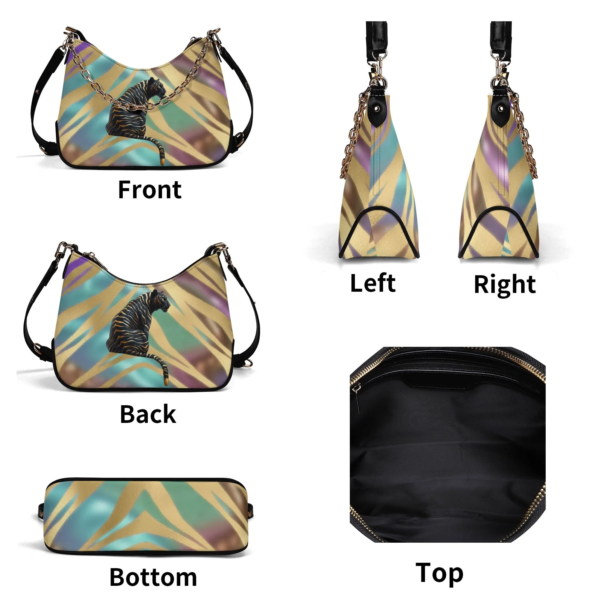 Gemstone Color and Gold Tiger Print Black and Gold Tiger Graphic Lady PU Shoulder Bag With Chain Decoration