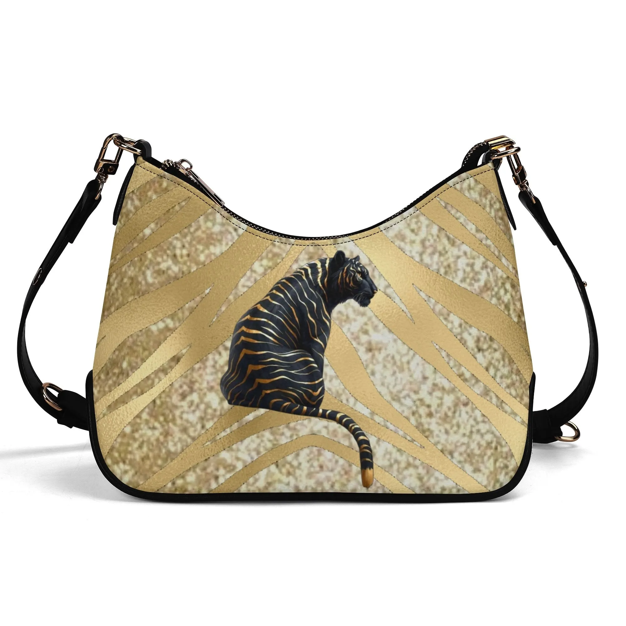 Gemstone Color and Gold Tiger Print Black and Gold Tiger Graphic Lady PU Shoulder Bag With Chain Decoration