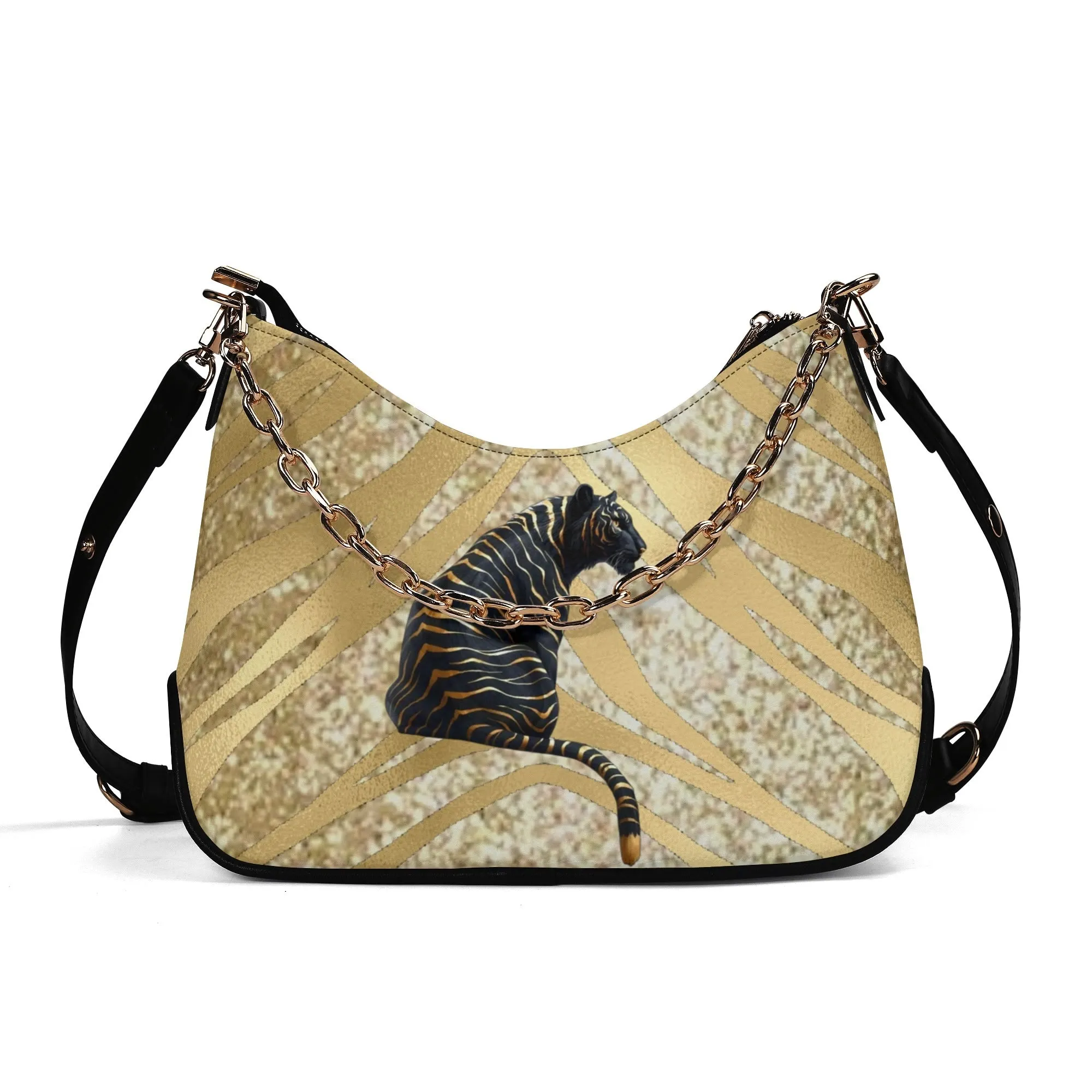 Gemstone Color and Gold Tiger Print Black and Gold Tiger Graphic Lady PU Shoulder Bag With Chain Decoration