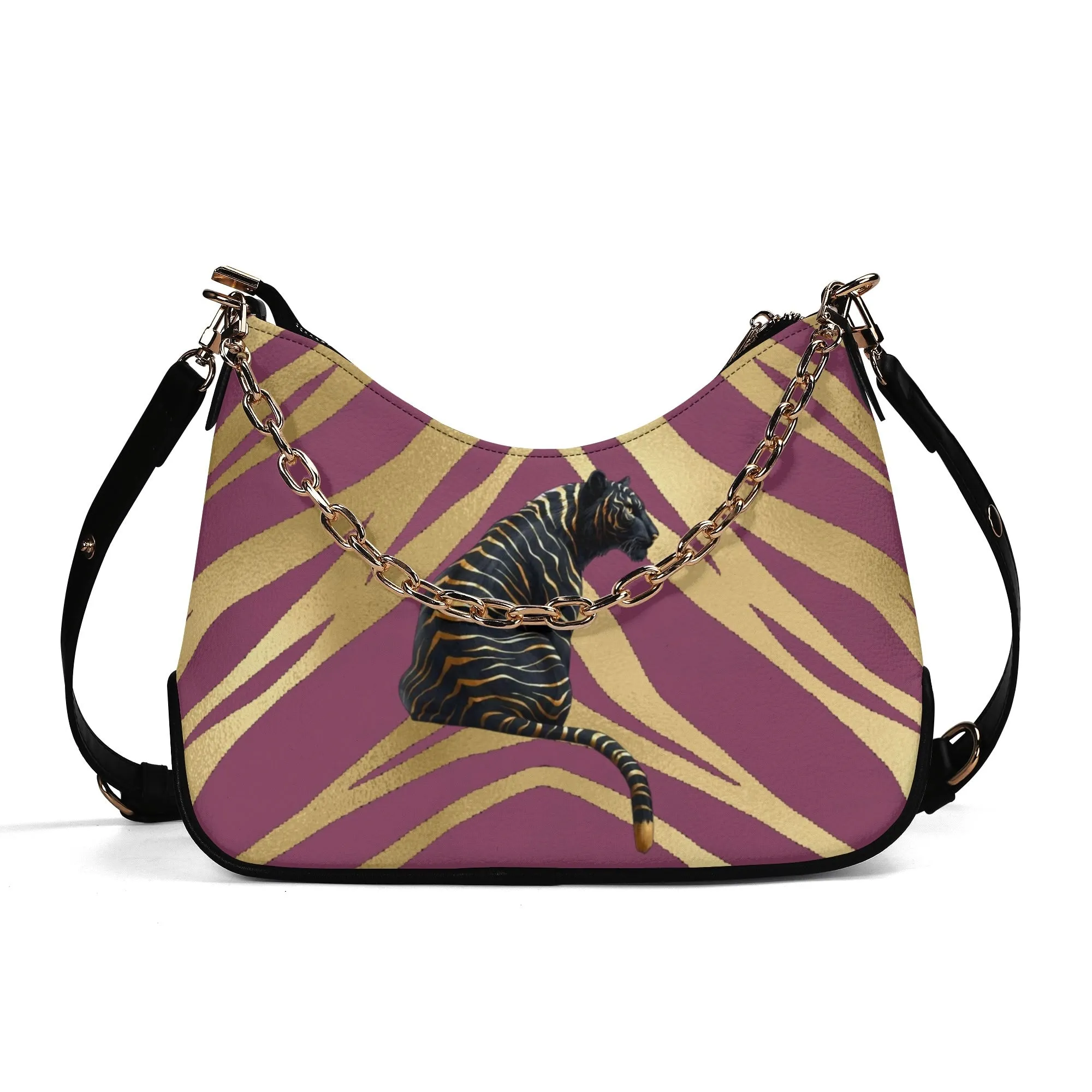 Gemstone Color and Gold Tiger Print Black and Gold Tiger Graphic Lady PU Shoulder Bag With Chain Decoration