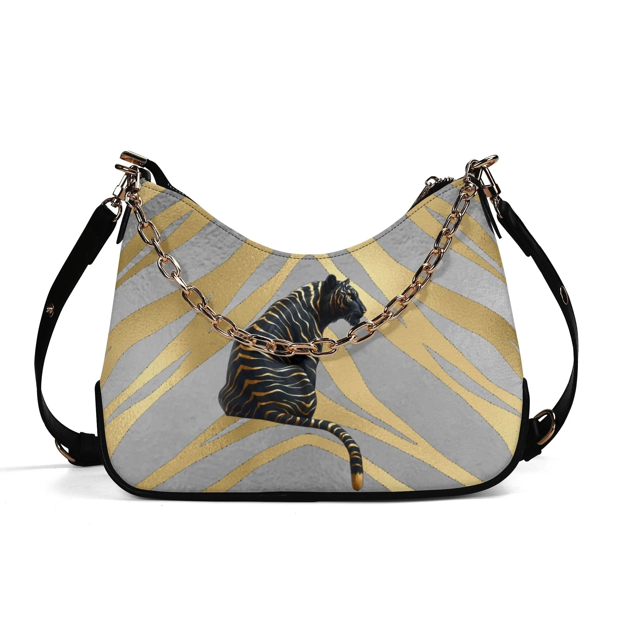 Gemstone Color and Gold Tiger Print Black and Gold Tiger Graphic Lady PU Shoulder Bag With Chain Decoration