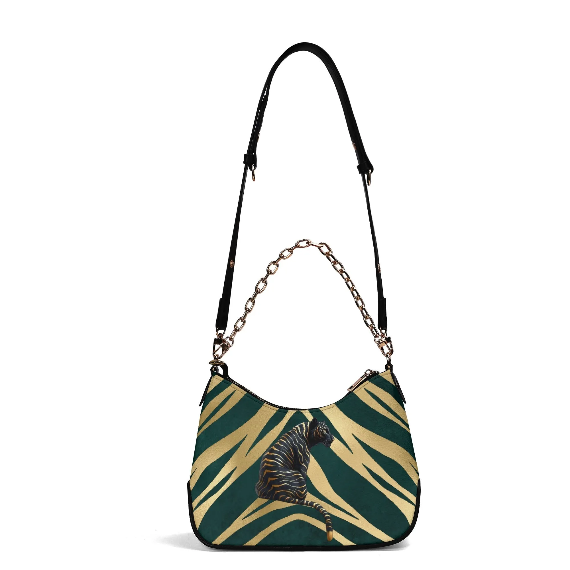 Gemstone Color and Gold Tiger Print Black and Gold Tiger Graphic Lady PU Shoulder Bag With Chain Decoration
