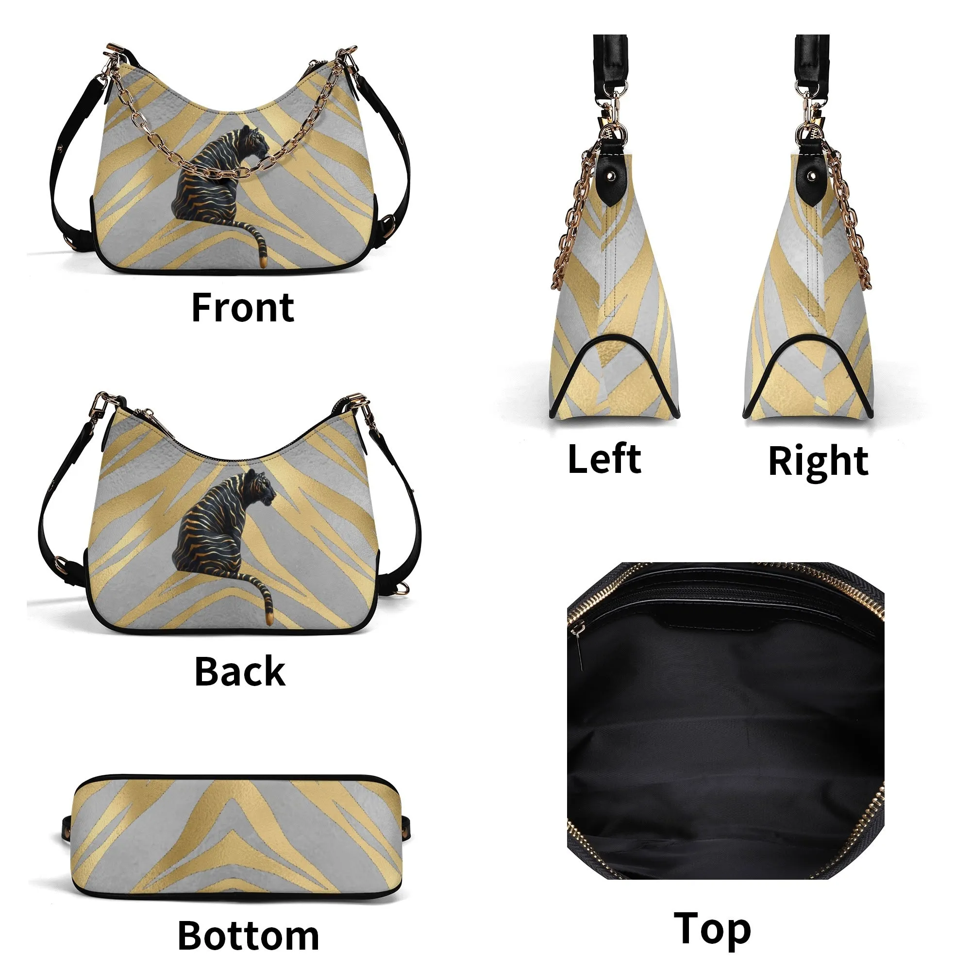 Gemstone Color and Gold Tiger Print Black and Gold Tiger Graphic Lady PU Shoulder Bag With Chain Decoration