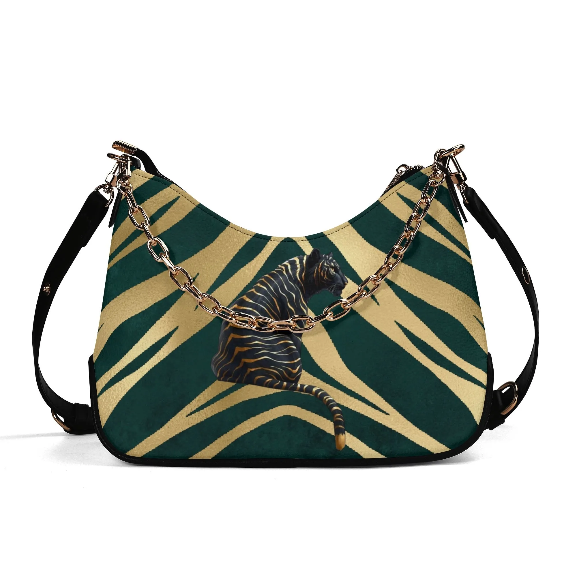 Gemstone Color and Gold Tiger Print Black and Gold Tiger Graphic Lady PU Shoulder Bag With Chain Decoration