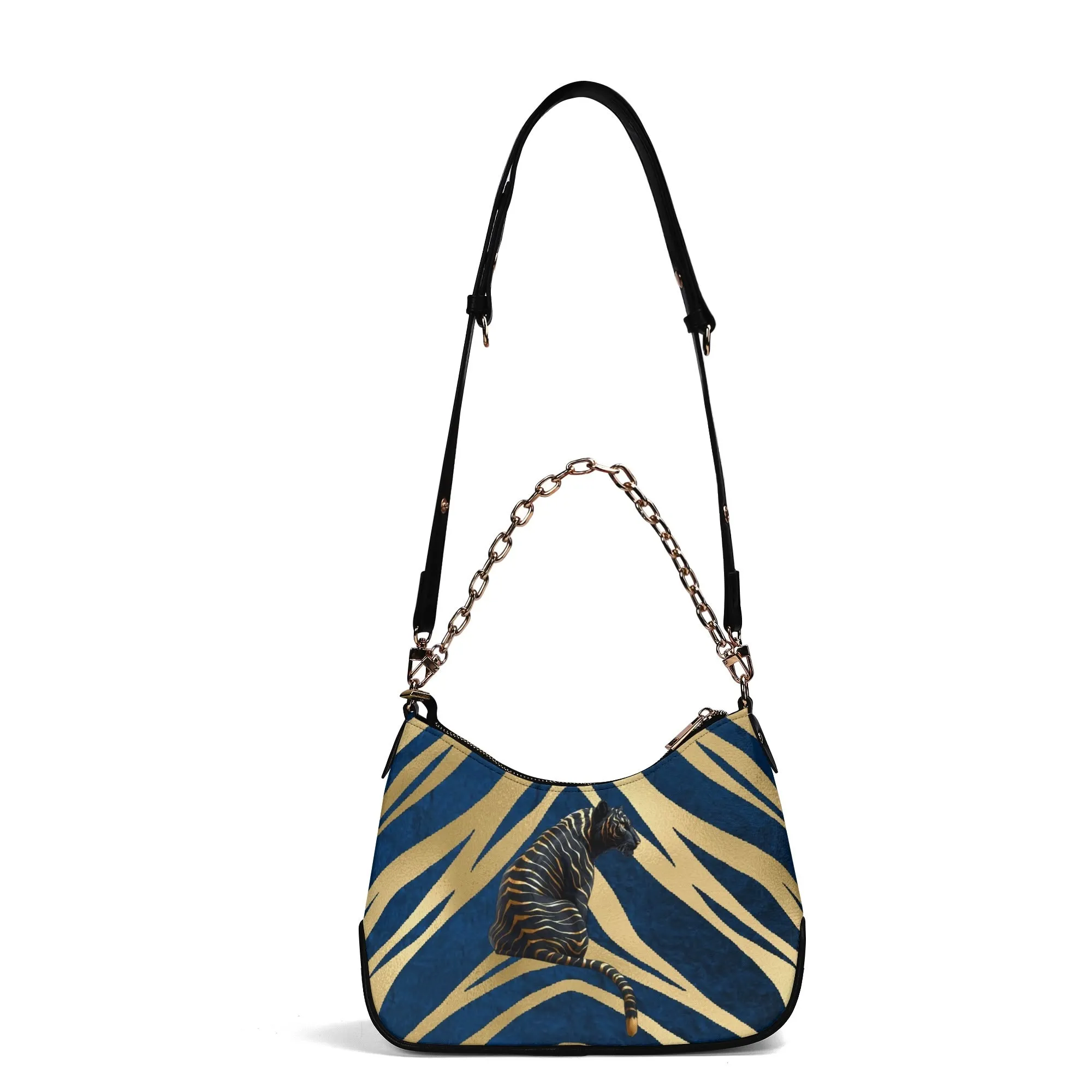 Gemstone Color and Gold Tiger Print Black and Gold Tiger Graphic Lady PU Shoulder Bag With Chain Decoration