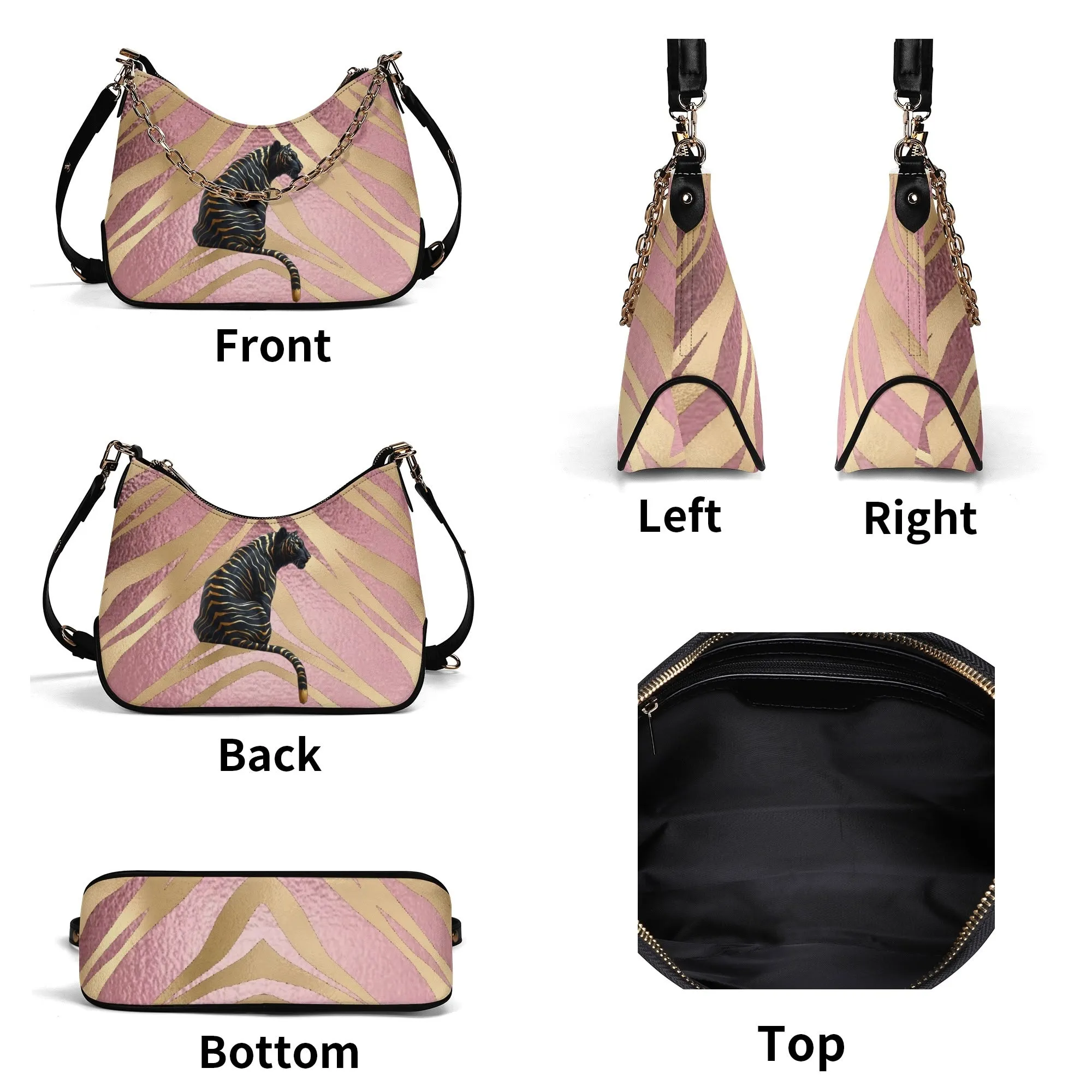 Gemstone Color and Gold Tiger Print Black and Gold Tiger Graphic Lady PU Shoulder Bag With Chain Decoration