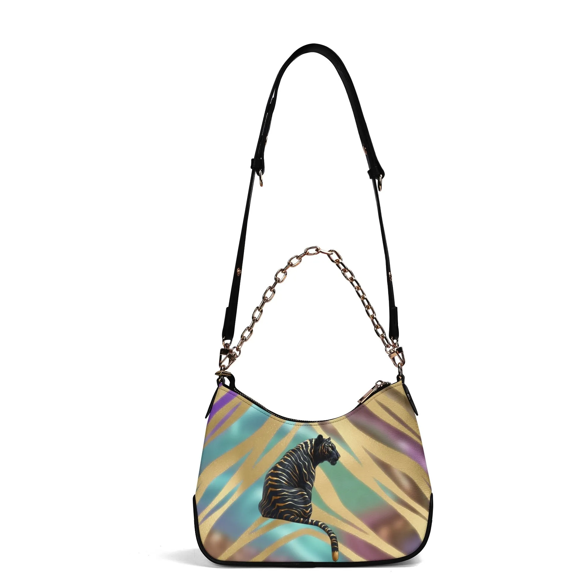Gemstone Color and Gold Tiger Print Black and Gold Tiger Graphic Lady PU Shoulder Bag With Chain Decoration