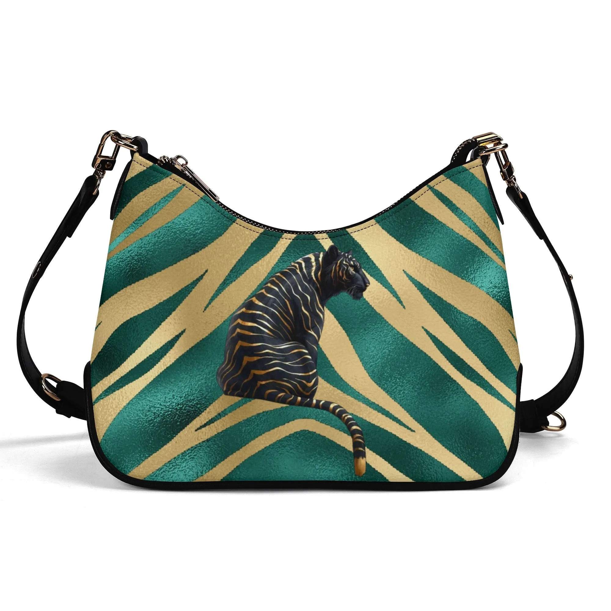Gemstone Color and Gold Tiger Print Black and Gold Tiger Graphic Lady PU Shoulder Bag With Chain Decoration