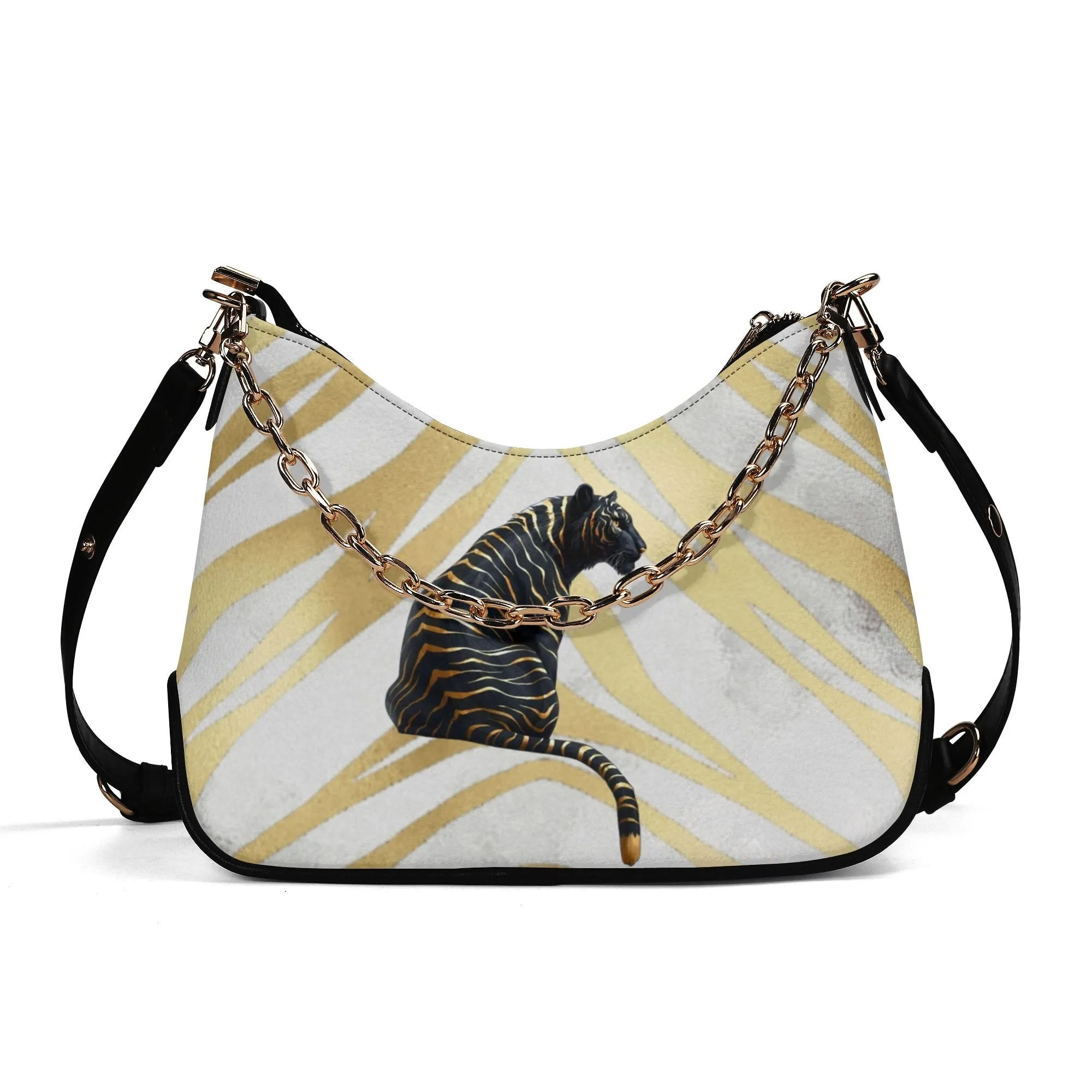 Gemstone Color and Gold Tiger Print Black and Gold Tiger Graphic Lady PU Shoulder Bag With Chain Decoration