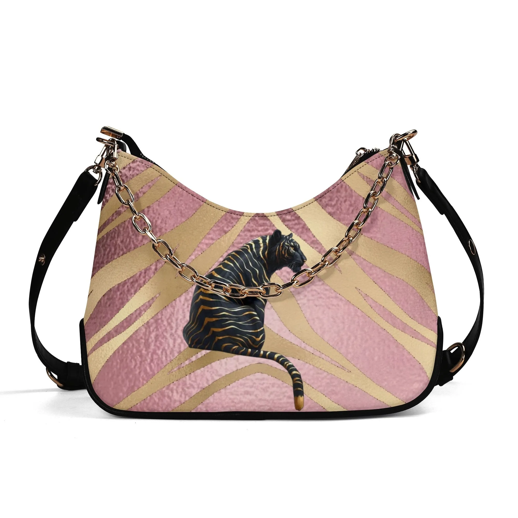 Gemstone Color and Gold Tiger Print Black and Gold Tiger Graphic Lady PU Shoulder Bag With Chain Decoration