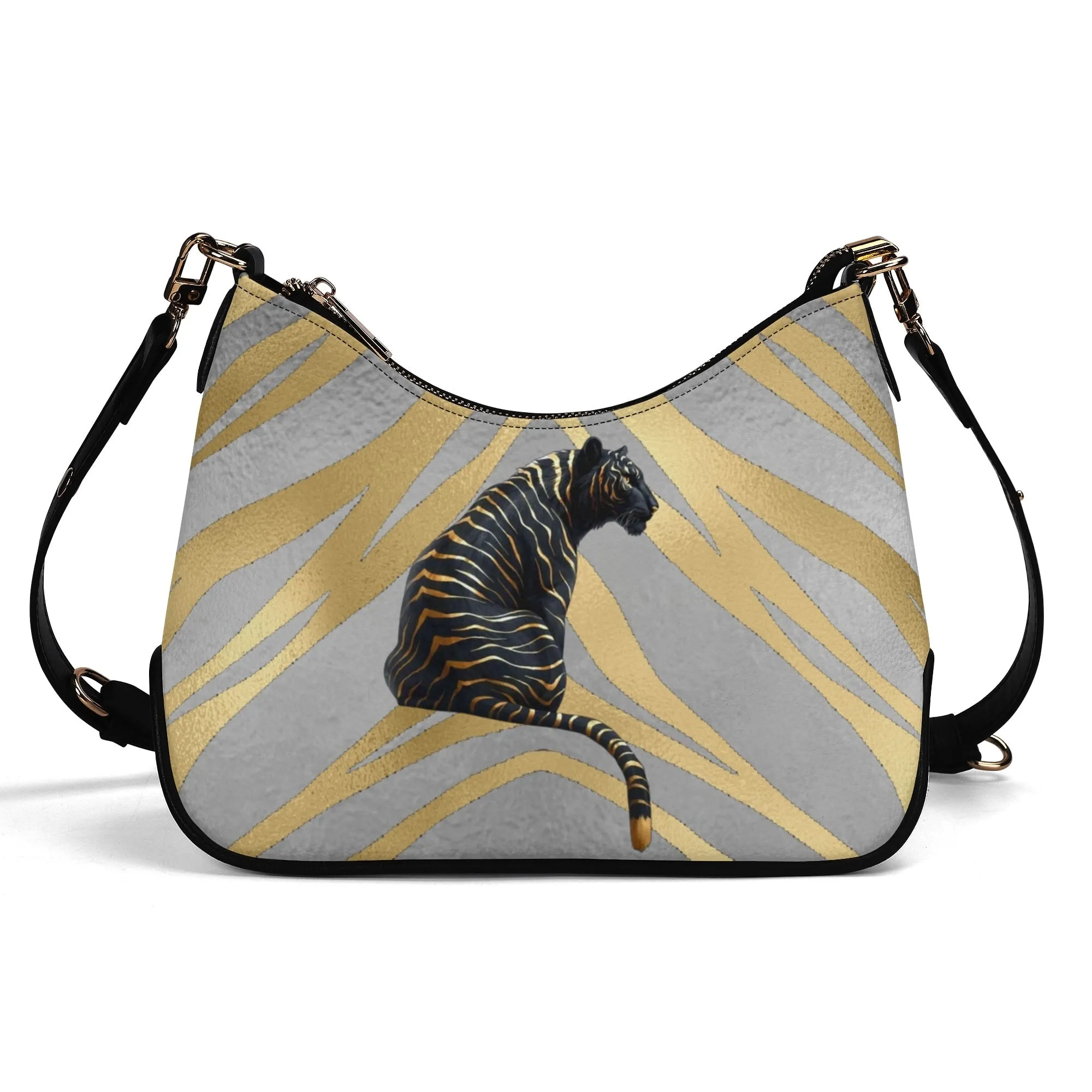 Gemstone Color and Gold Tiger Print Black and Gold Tiger Graphic Lady PU Shoulder Bag With Chain Decoration