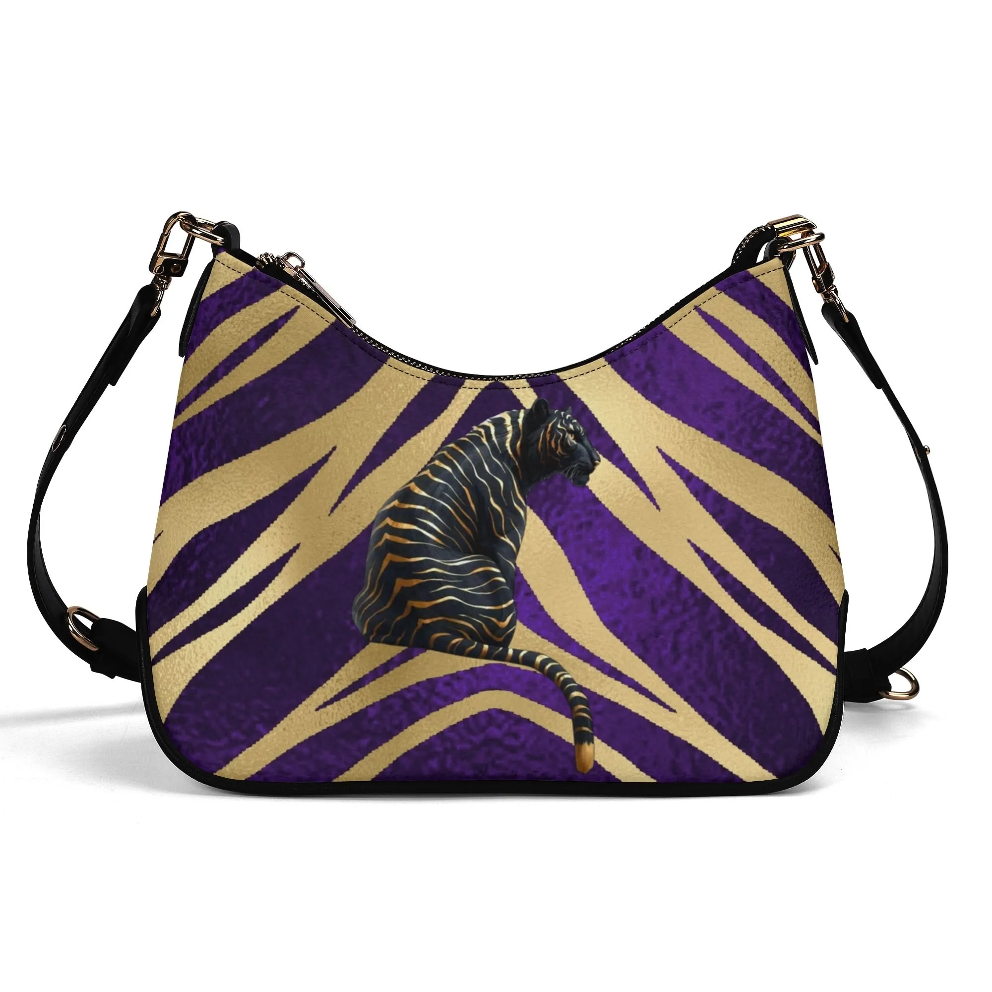 Gemstone Color and Gold Tiger Print Black and Gold Tiger Graphic Lady PU Shoulder Bag With Chain Decoration
