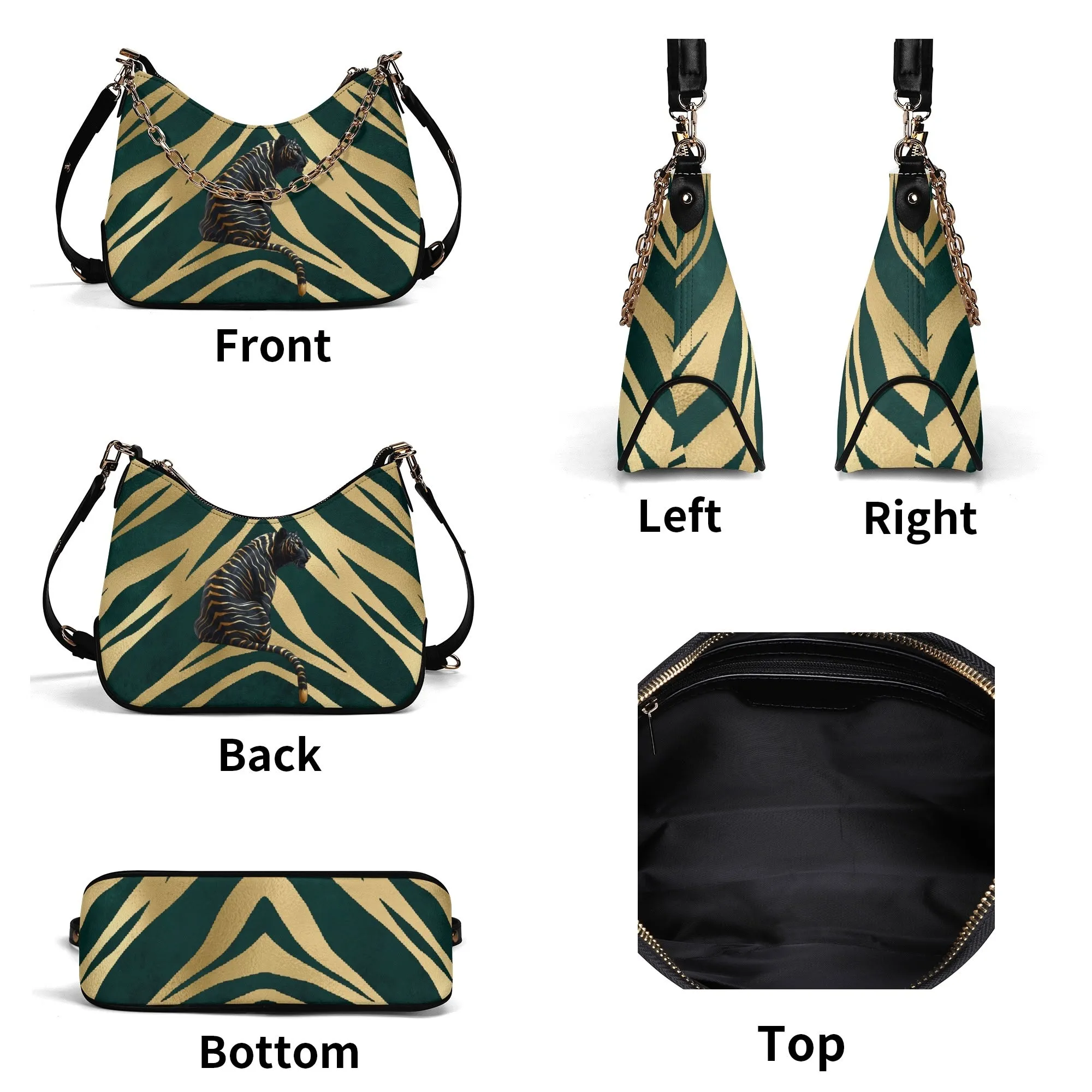 Gemstone Color and Gold Tiger Print Black and Gold Tiger Graphic Lady PU Shoulder Bag With Chain Decoration