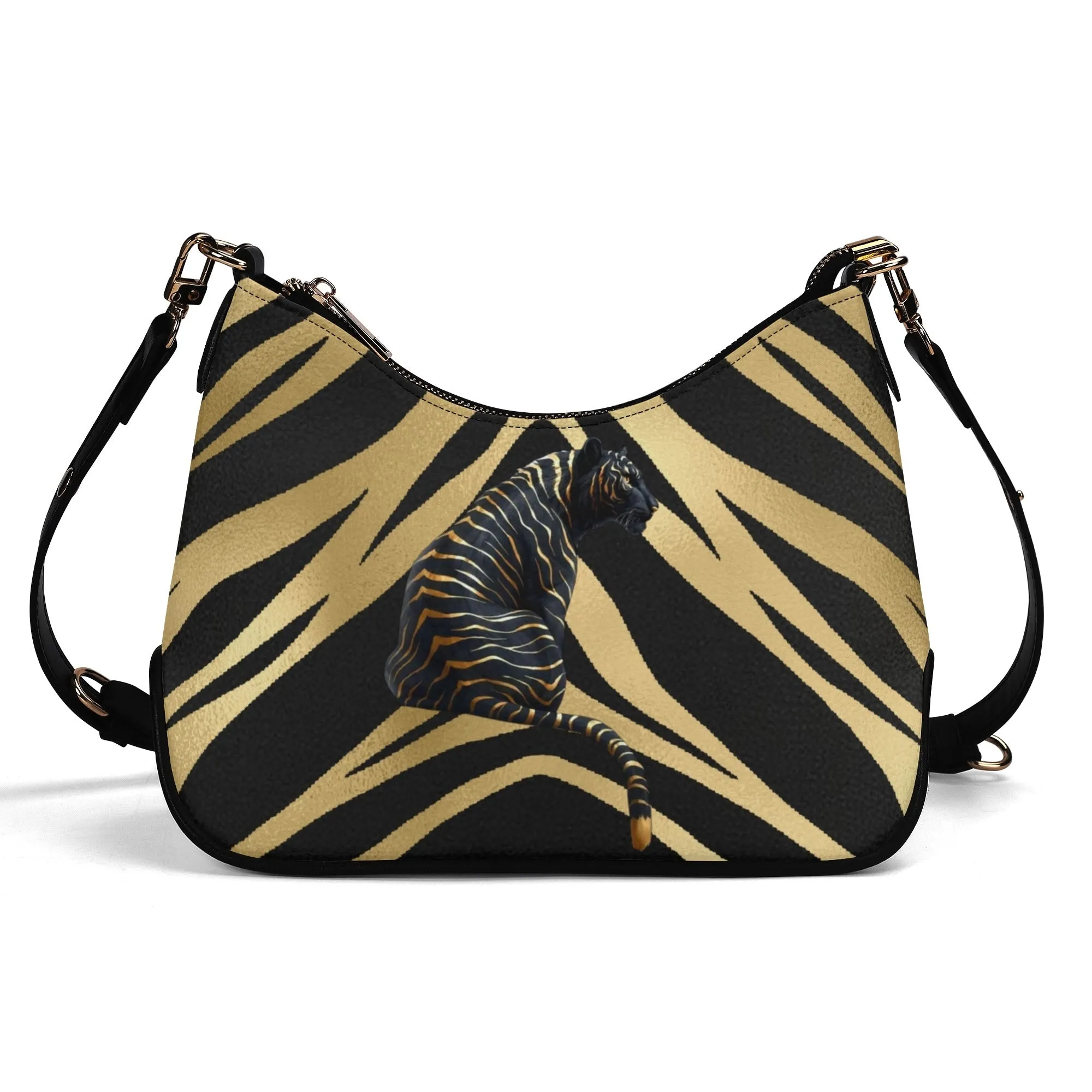 Gemstone Color and Gold Tiger Print Black and Gold Tiger Graphic Lady PU Shoulder Bag With Chain Decoration