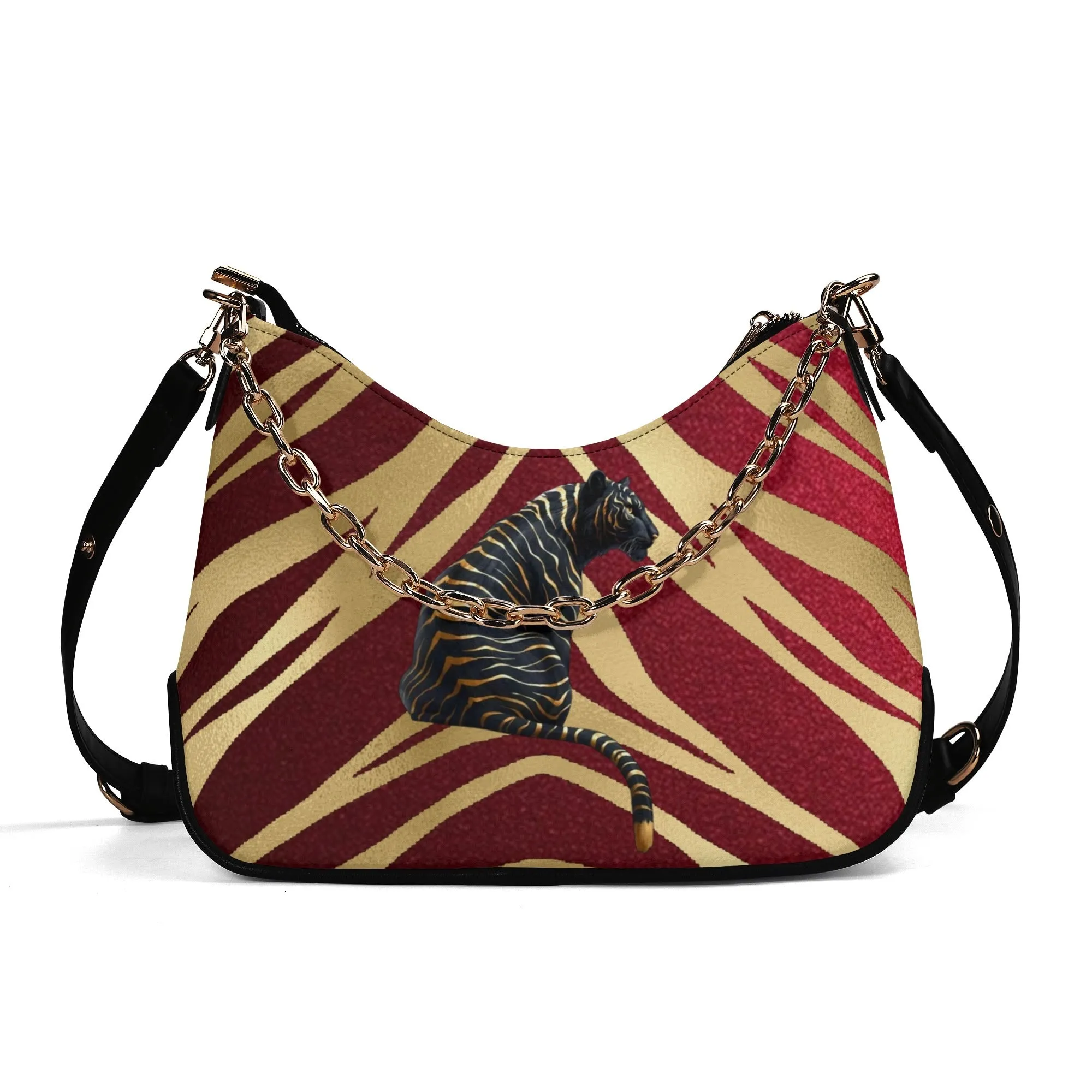 Gemstone Color and Gold Tiger Print Black and Gold Tiger Graphic Lady PU Shoulder Bag With Chain Decoration