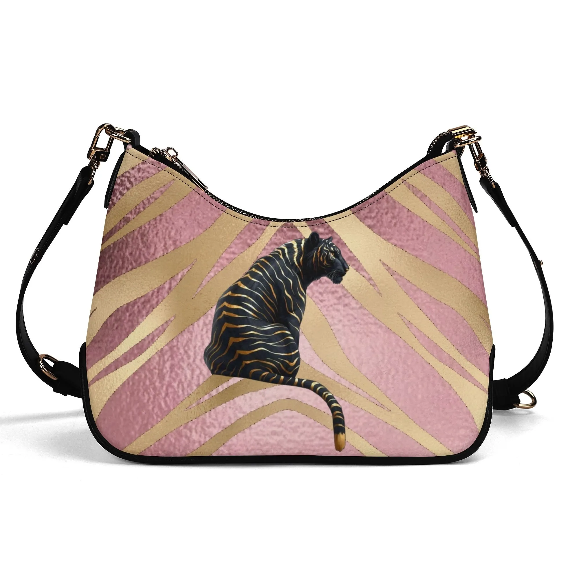 Gemstone Color and Gold Tiger Print Black and Gold Tiger Graphic Lady PU Shoulder Bag With Chain Decoration