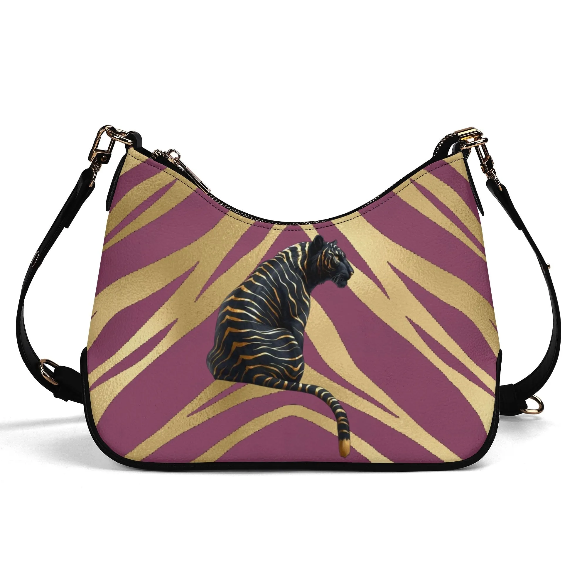Gemstone Color and Gold Tiger Print Black and Gold Tiger Graphic Lady PU Shoulder Bag With Chain Decoration