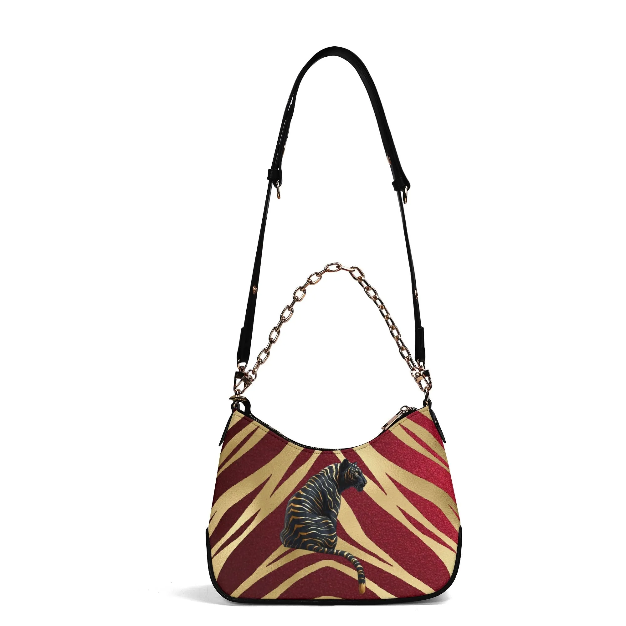 Gemstone Color and Gold Tiger Print Black and Gold Tiger Graphic Lady PU Shoulder Bag With Chain Decoration