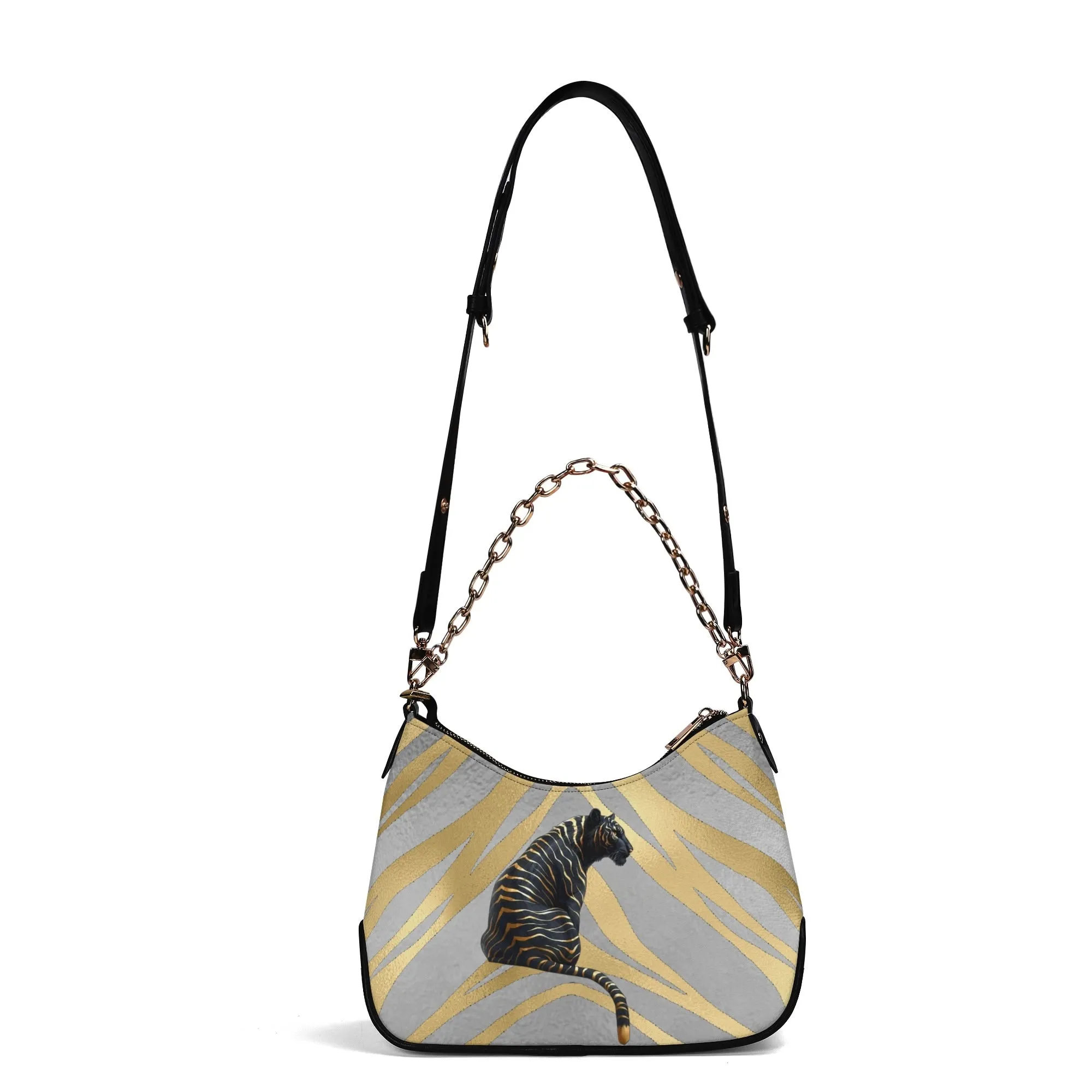 Gemstone Color and Gold Tiger Print Black and Gold Tiger Graphic Lady PU Shoulder Bag With Chain Decoration