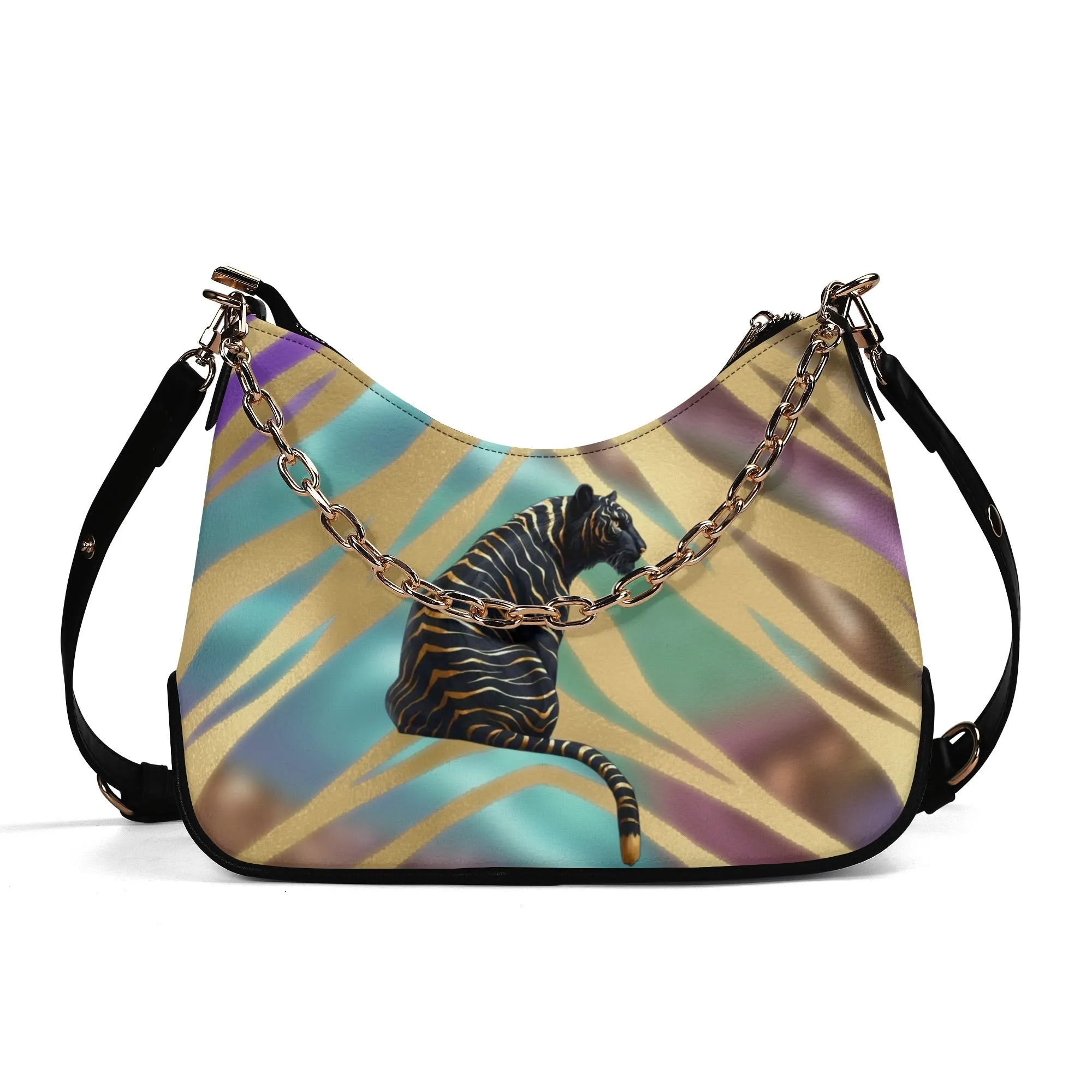 Gemstone Color and Gold Tiger Print Black and Gold Tiger Graphic Lady PU Shoulder Bag With Chain Decoration