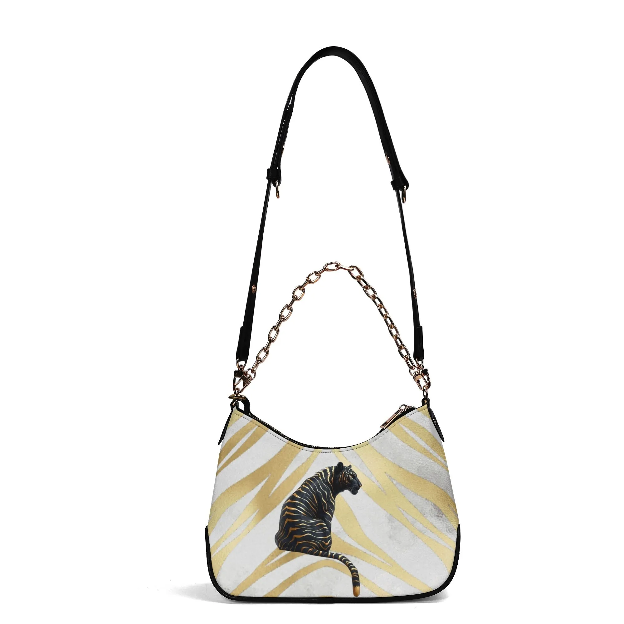 Gemstone Color and Gold Tiger Print Black and Gold Tiger Graphic Lady PU Shoulder Bag With Chain Decoration