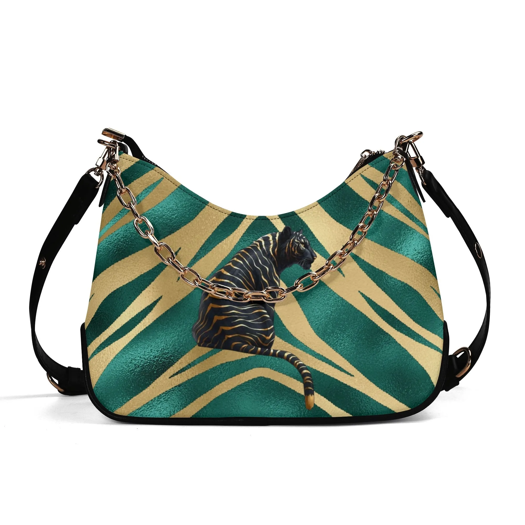 Gemstone Color and Gold Tiger Print Black and Gold Tiger Graphic Lady PU Shoulder Bag With Chain Decoration