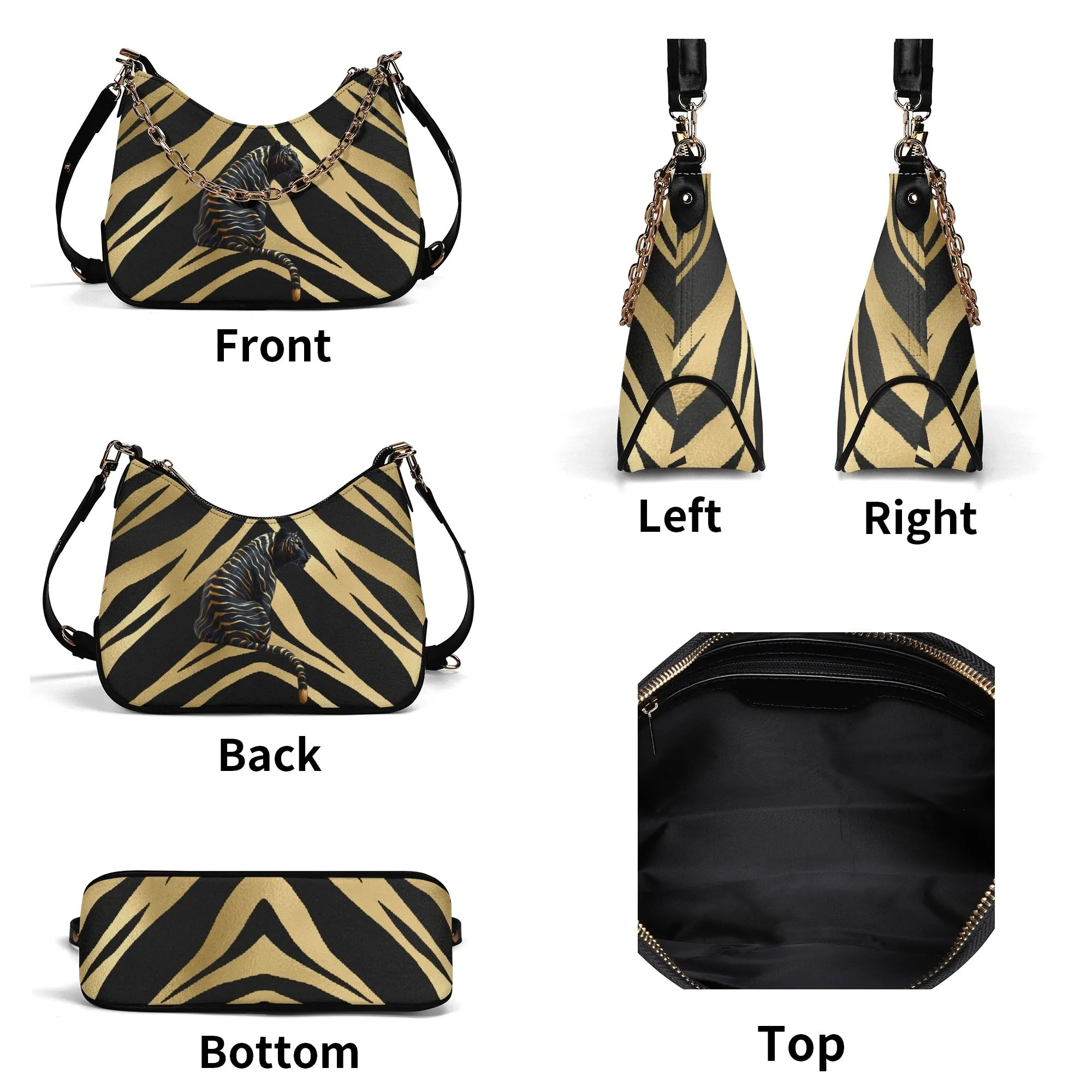Gemstone Color and Gold Tiger Print Black and Gold Tiger Graphic Lady PU Shoulder Bag With Chain Decoration