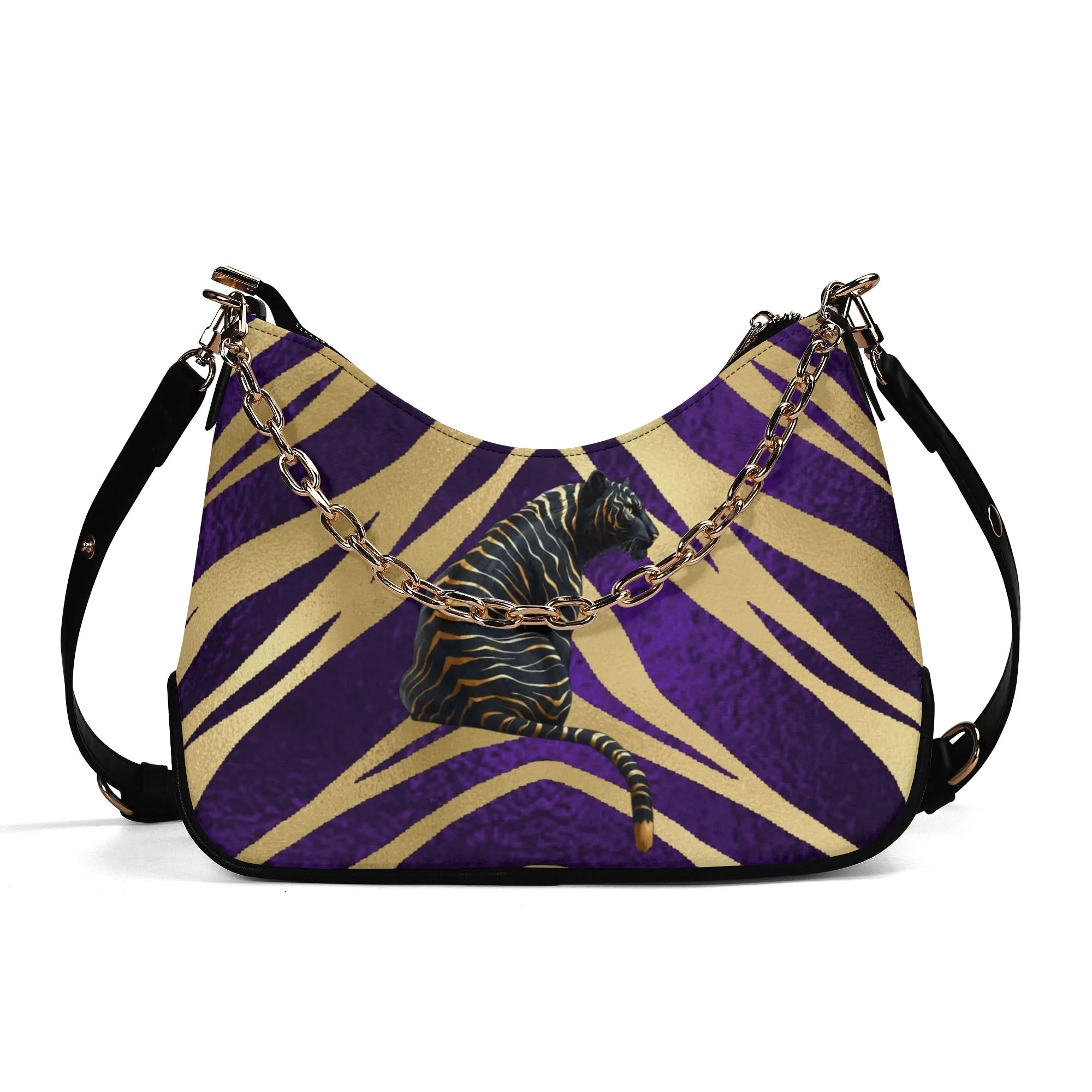 Gemstone Color and Gold Tiger Print Black and Gold Tiger Graphic Lady PU Shoulder Bag With Chain Decoration