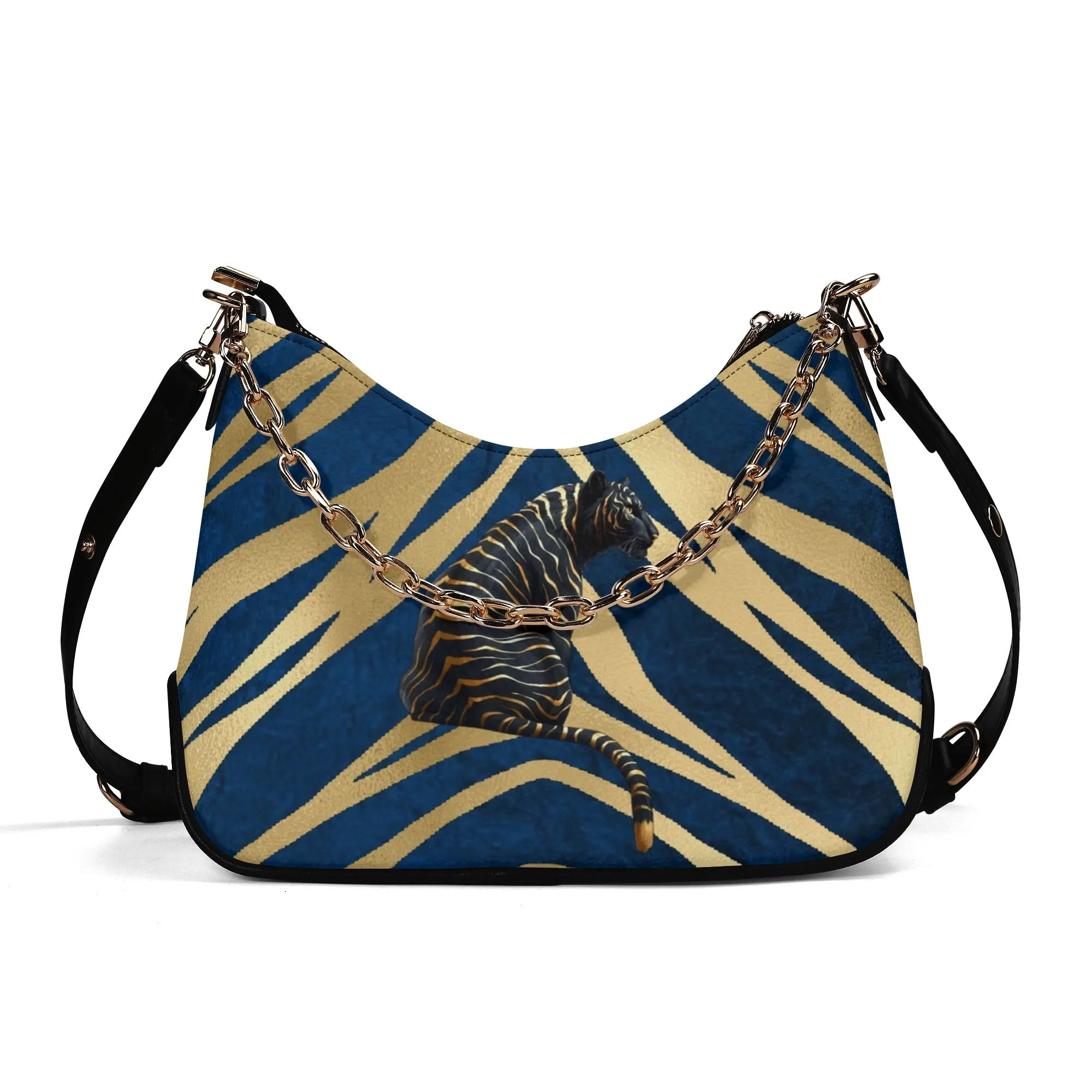 Gemstone Color and Gold Tiger Print Black and Gold Tiger Graphic Lady PU Shoulder Bag With Chain Decoration