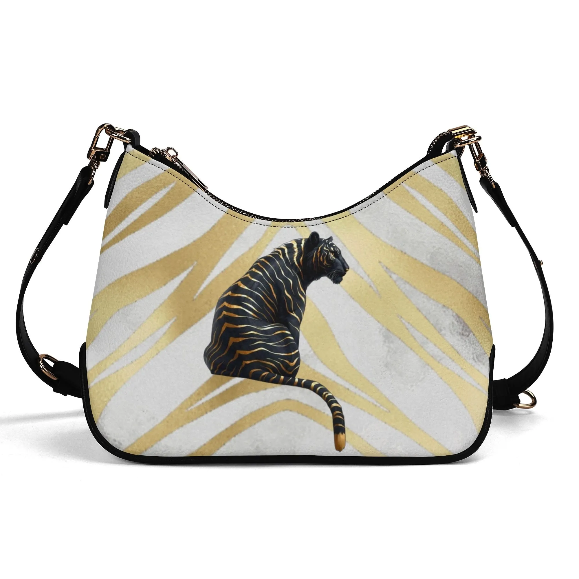 Gemstone Color and Gold Tiger Print Black and Gold Tiger Graphic Lady PU Shoulder Bag With Chain Decoration