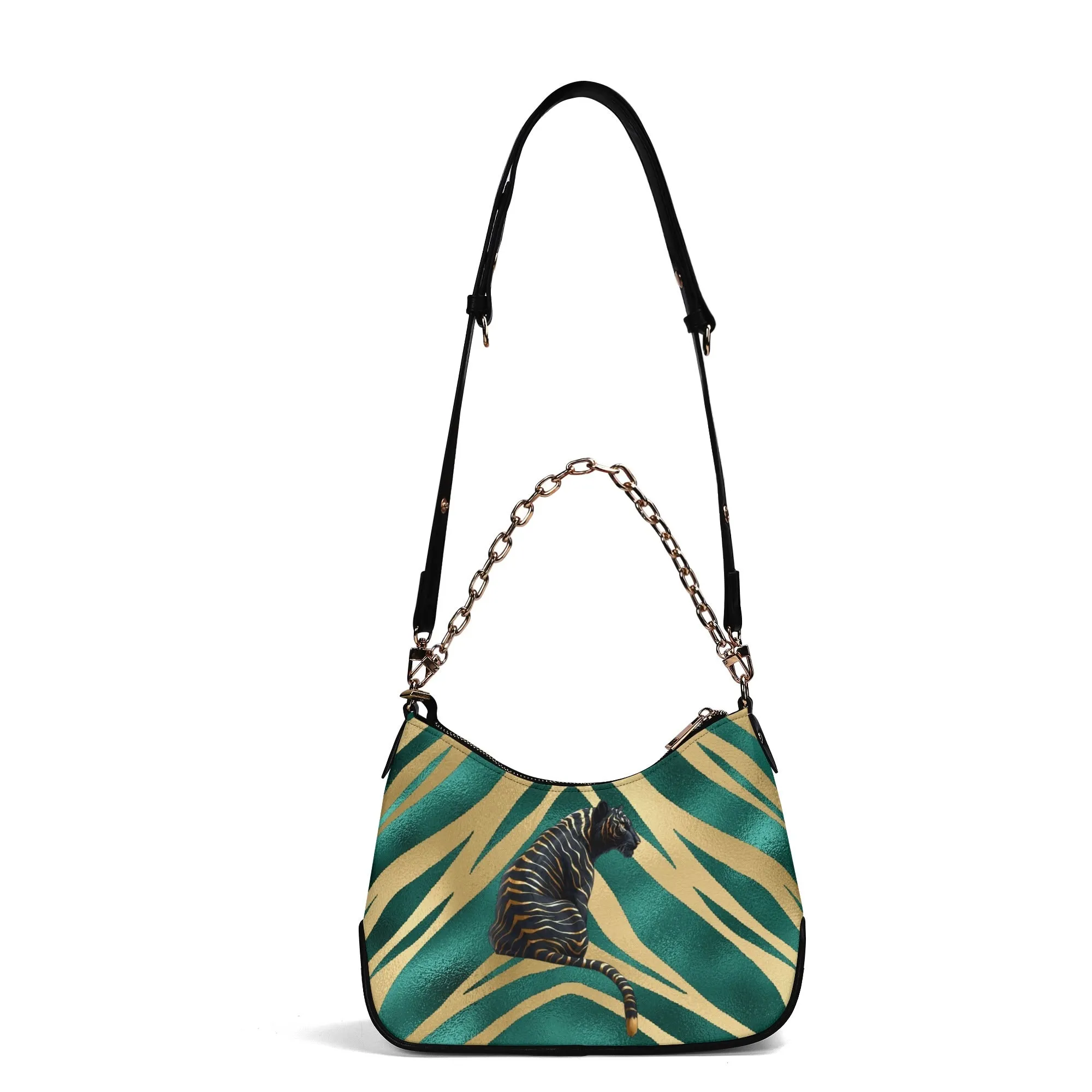 Gemstone Color and Gold Tiger Print Black and Gold Tiger Graphic Lady PU Shoulder Bag With Chain Decoration