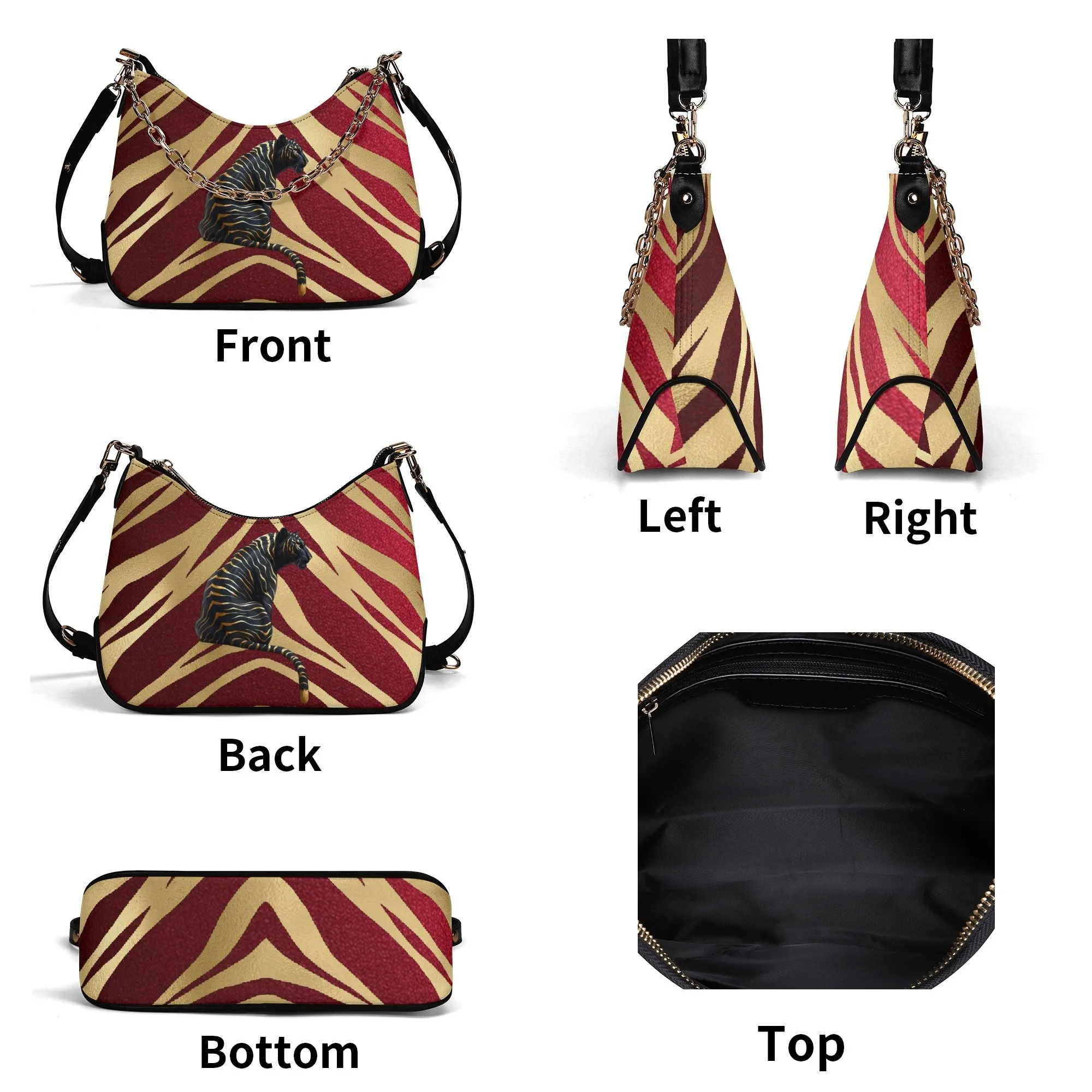 Gemstone Color and Gold Tiger Print Black and Gold Tiger Graphic Lady PU Shoulder Bag With Chain Decoration