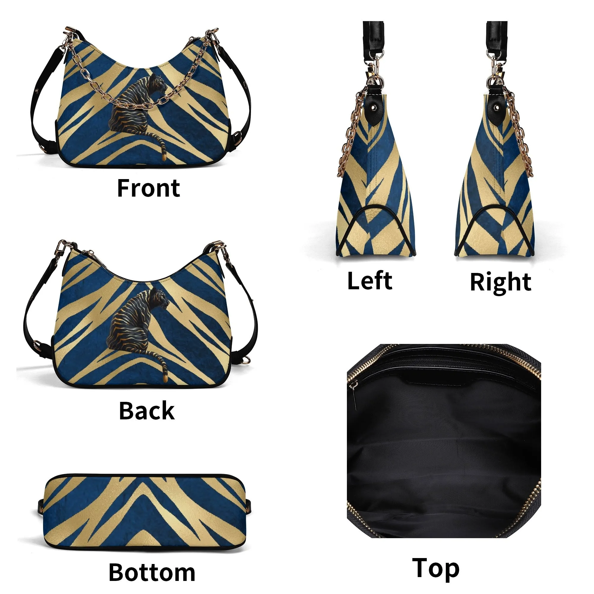 Gemstone Color and Gold Tiger Print Black and Gold Tiger Graphic Lady PU Shoulder Bag With Chain Decoration