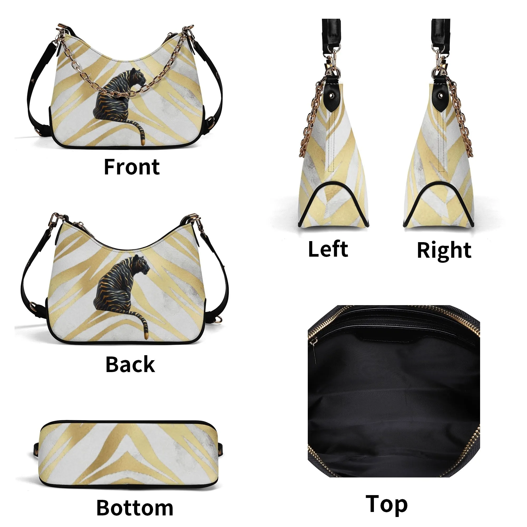 Gemstone Color and Gold Tiger Print Black and Gold Tiger Graphic Lady PU Shoulder Bag With Chain Decoration