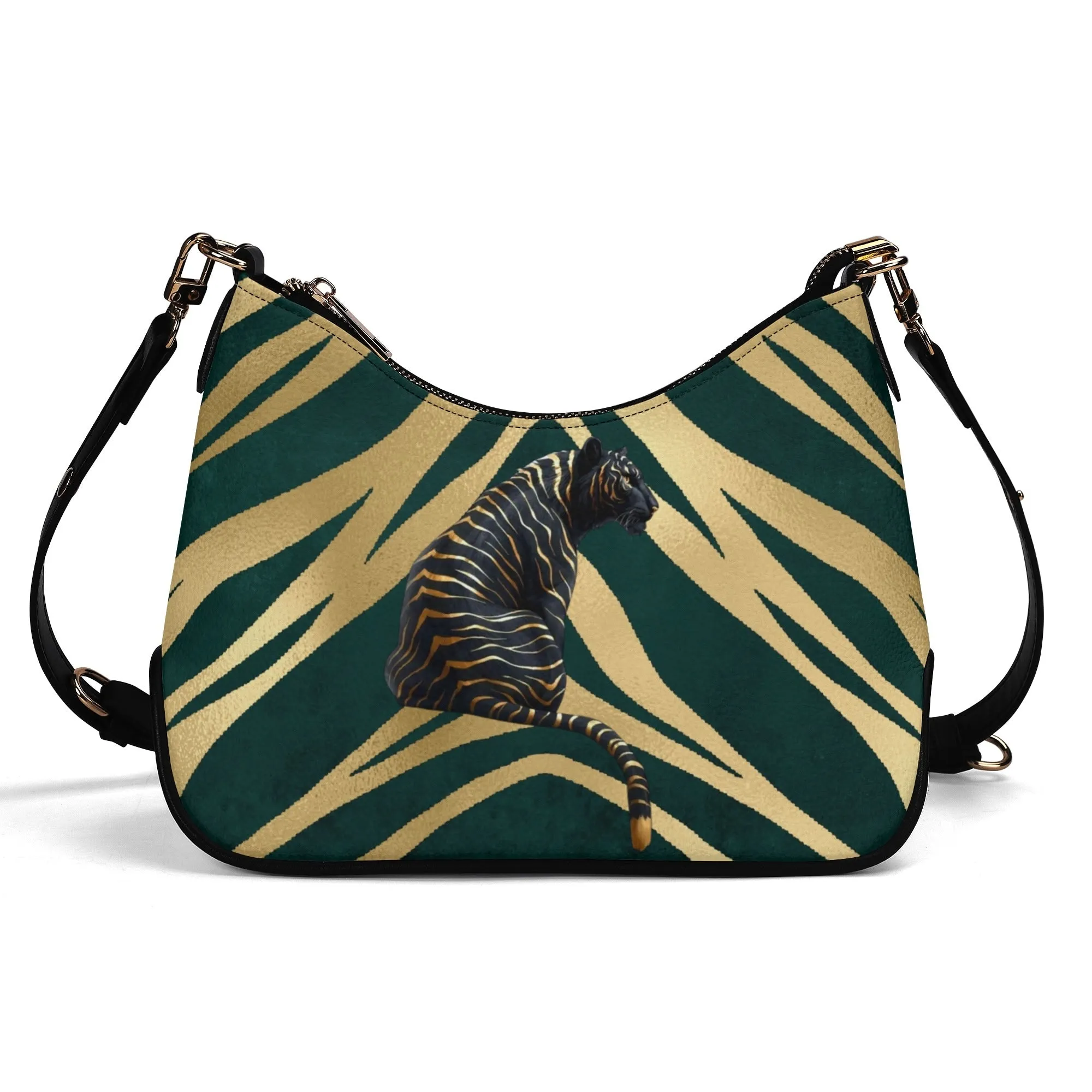 Gemstone Color and Gold Tiger Print Black and Gold Tiger Graphic Lady PU Shoulder Bag With Chain Decoration