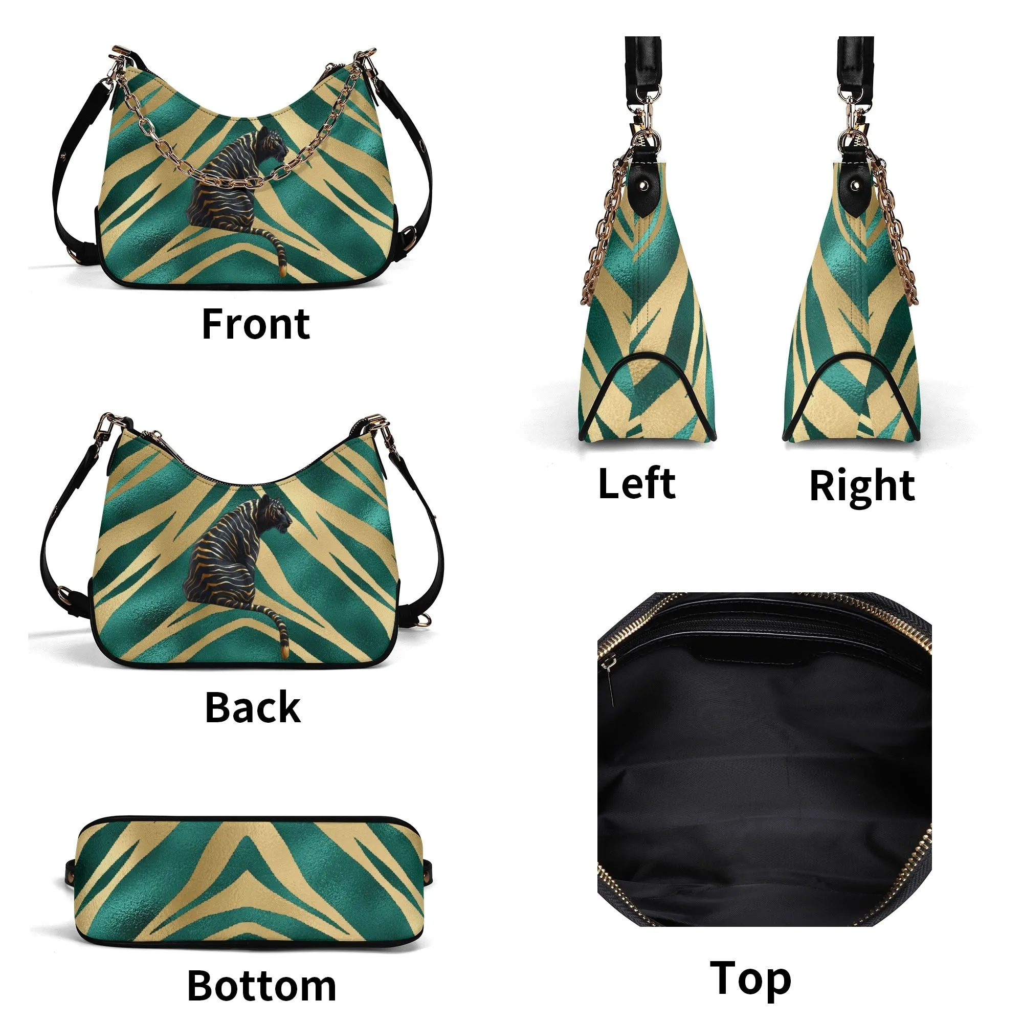 Gemstone Color and Gold Tiger Print Black and Gold Tiger Graphic Lady PU Shoulder Bag With Chain Decoration