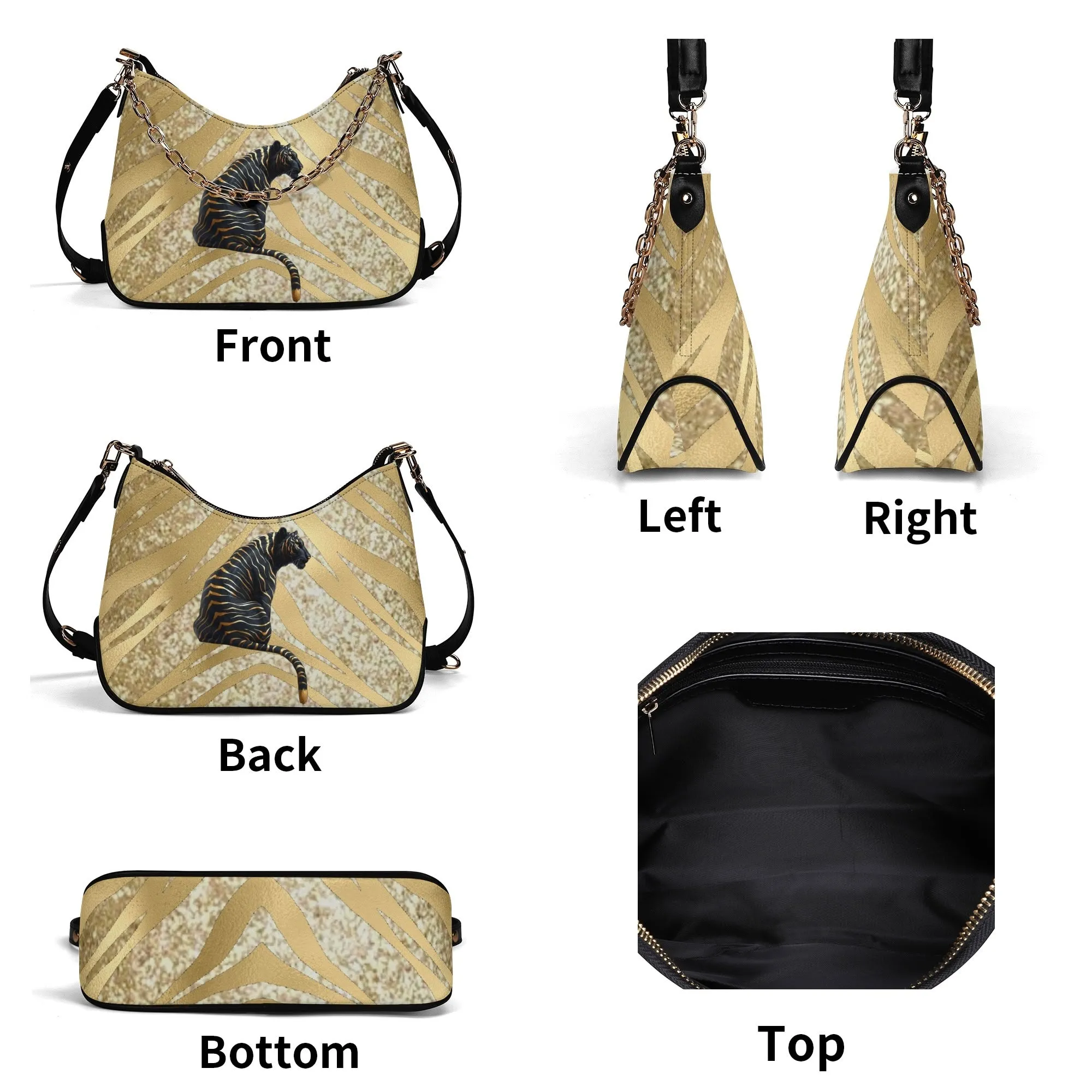 Gemstone Color and Gold Tiger Print Black and Gold Tiger Graphic Lady PU Shoulder Bag With Chain Decoration