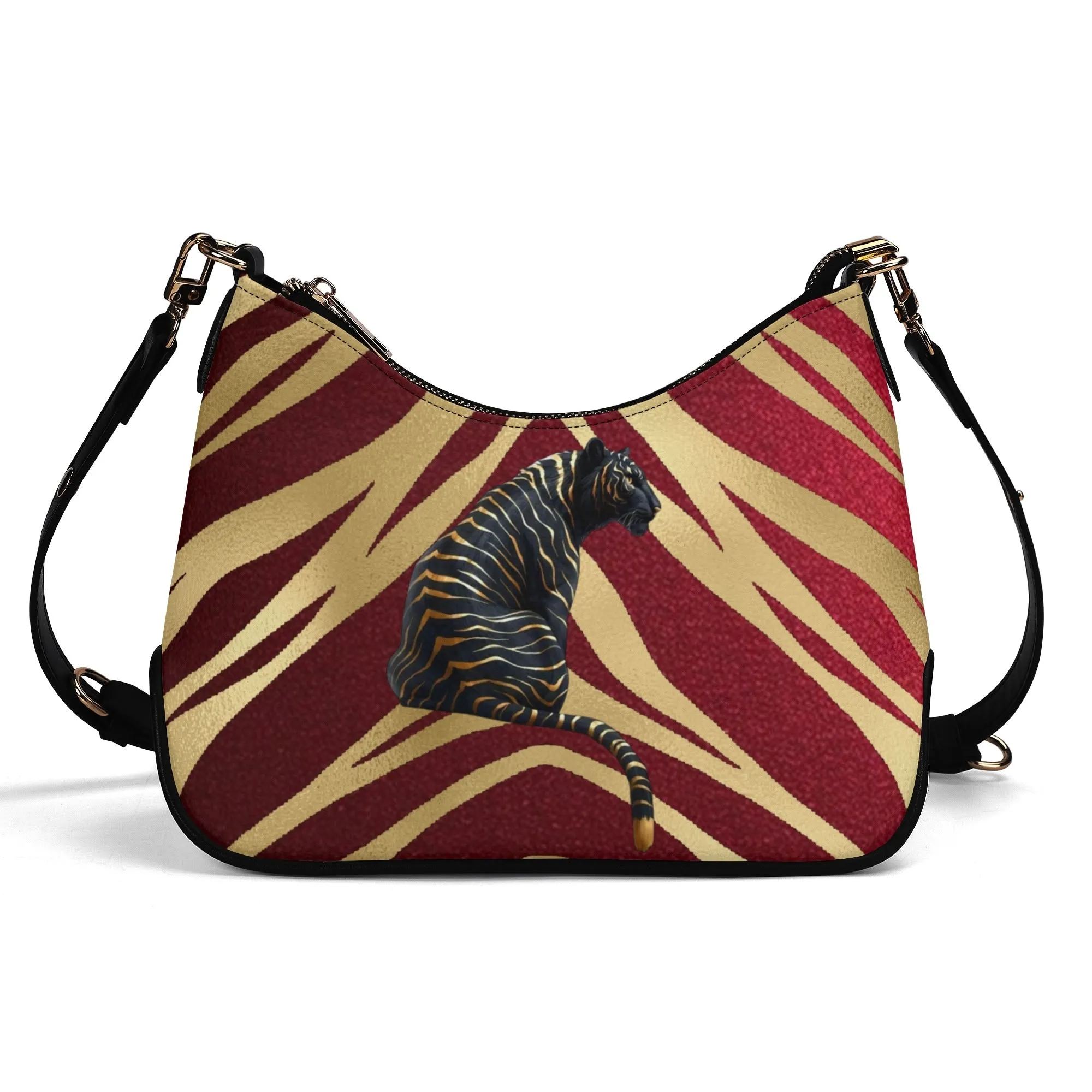 Gemstone Color and Gold Tiger Print Black and Gold Tiger Graphic Lady PU Shoulder Bag With Chain Decoration